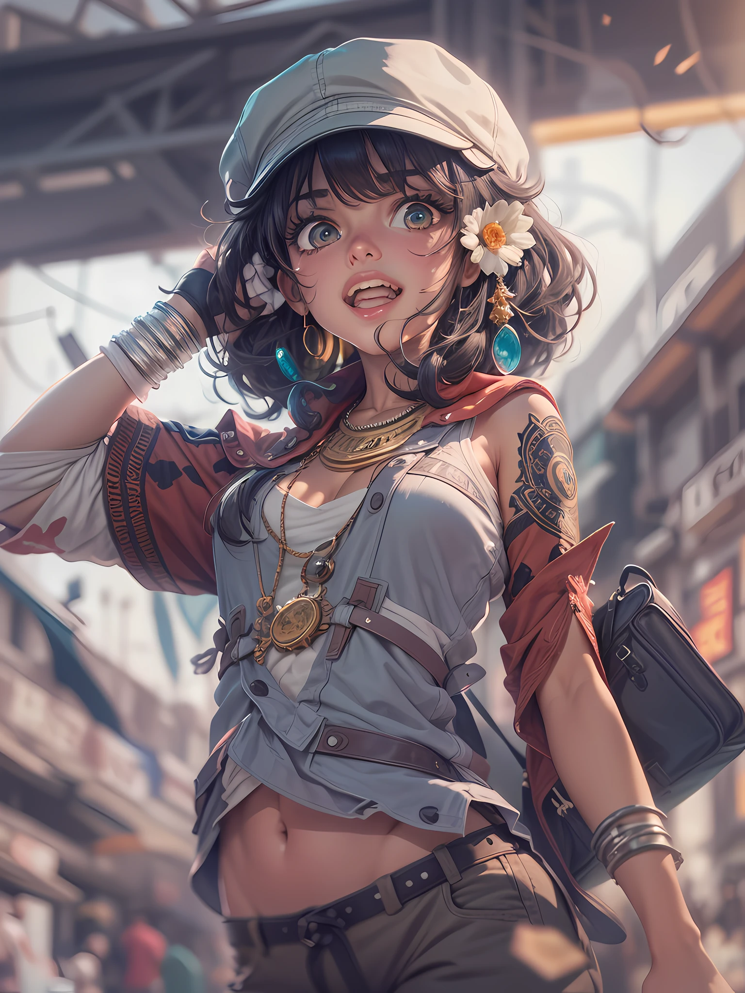 ((best quality)) , ((masterpiece)) , (detailed) , (anime key visual:1.2), ground level shot of a Tough Egyptian, (Vigorous Girl:1.3) , wearing Invigorating Flat cap with tuber trimmings, Making funny face, Circlet, Necklace, pond and cityscape, deep focus, Cel shading, (intricate background split lighting:1.2), Depth of field 270mm, behance, wallpaper,fantasy art, 4K, 8k resolution
