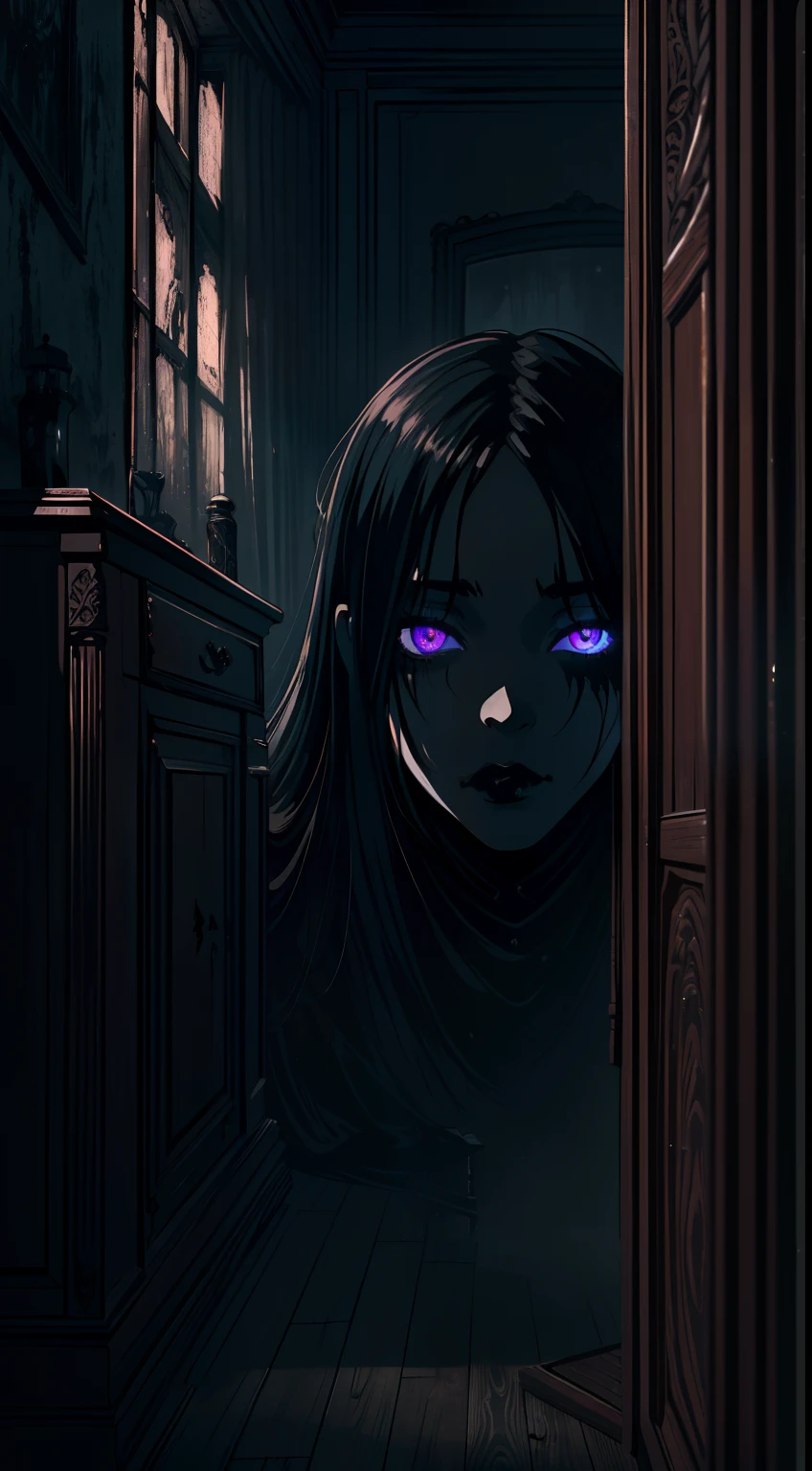 (best quality,ultra-detailed,highres,masterpiece:1.2),dark atmosphere,gothic,stunning black lips, detailed eyes,beautiful dark-skinned girl, abandoned wooden house interior, eerie silence, mysterious shadows, haunting ambiance, gloomy lighting, decaying walls, dusty furniture, creepy atmosphere, black lipstick, intricate details, gothic vibes