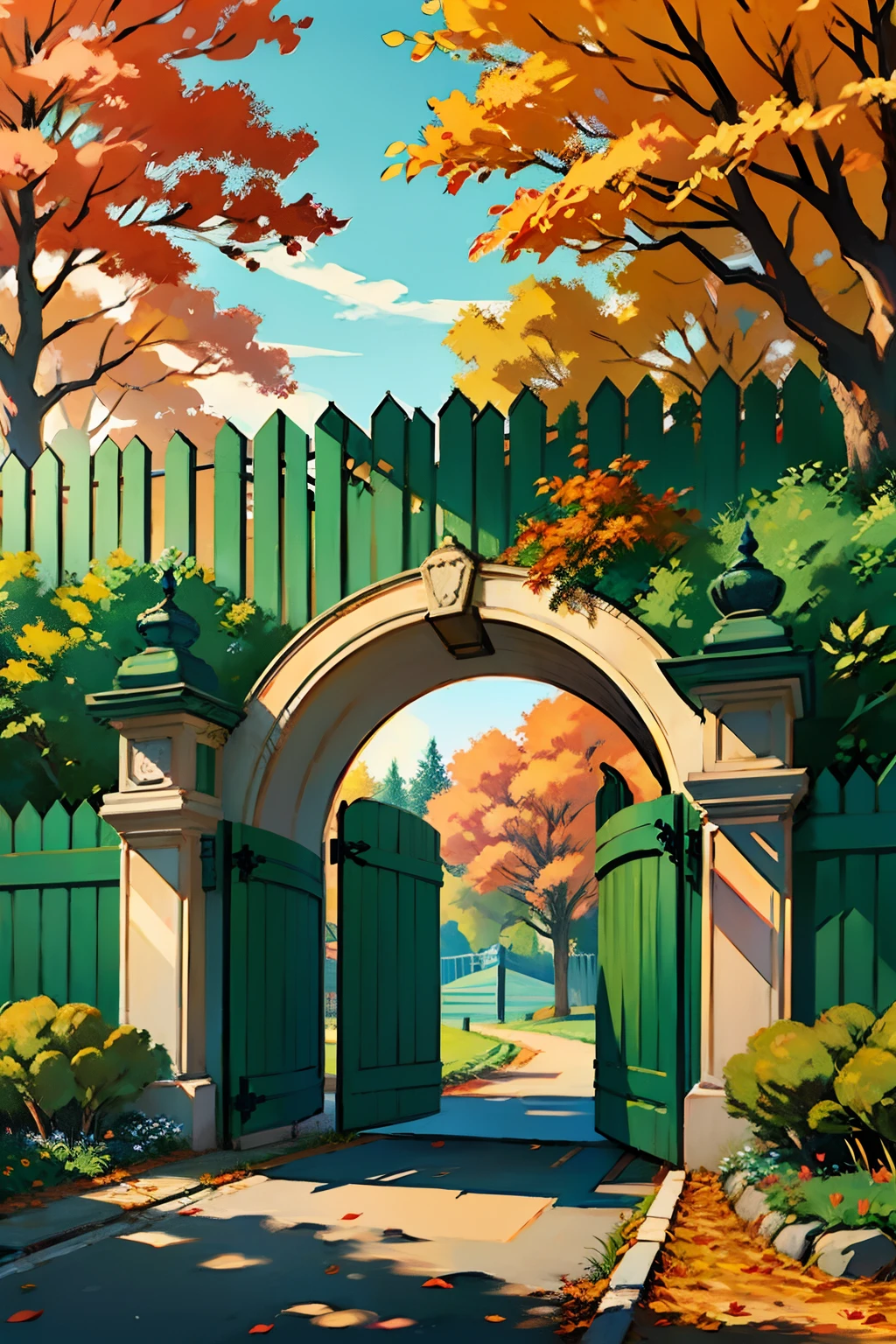 A painting of an autumn landscape, green trees and autumn trees, a fence with a closed gate, afternoon light.