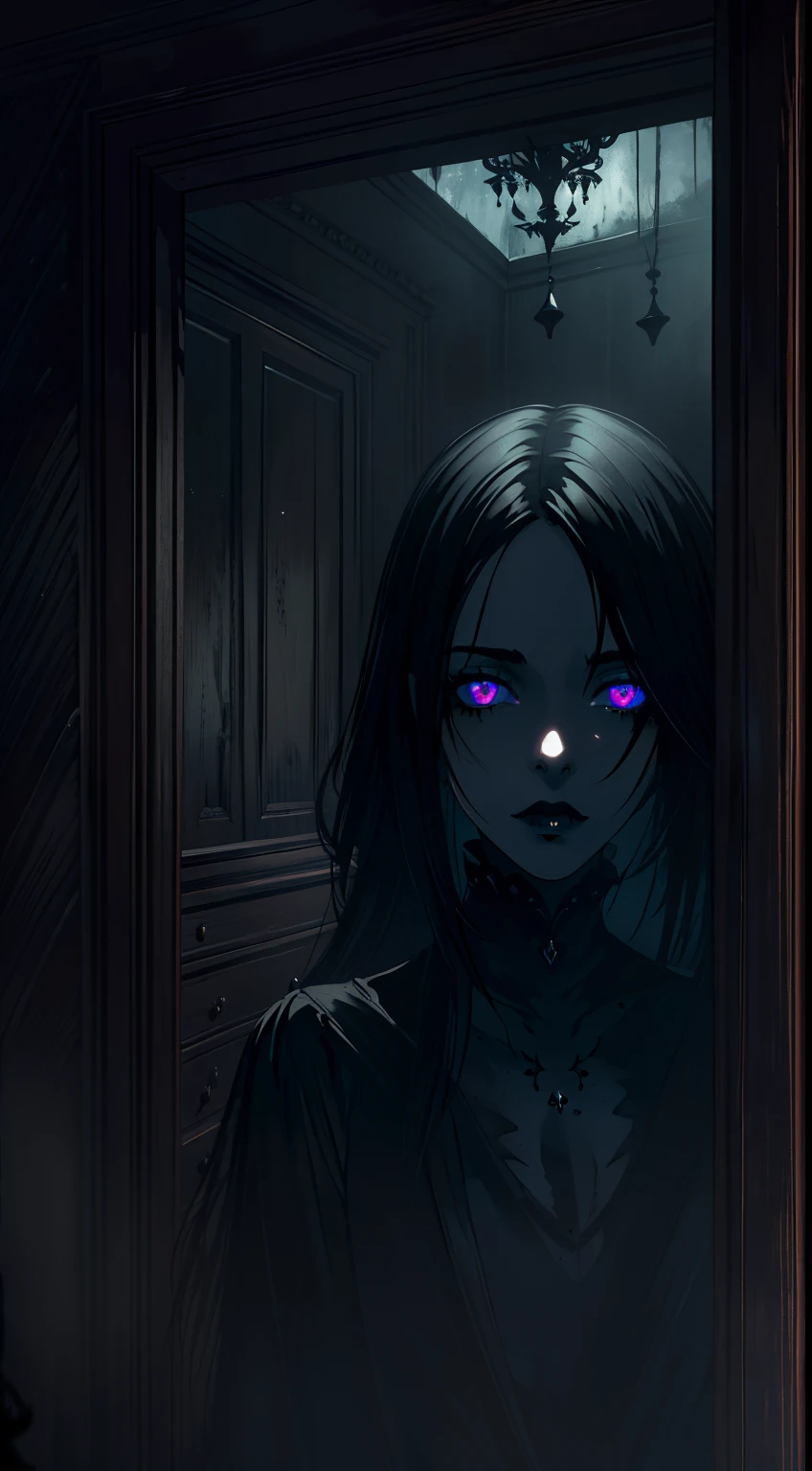 (best quality,ultra-detailed,highres,masterpiece:1.2),dark atmosphere,gothic,stunning black lips, detailed eyes,beautiful dark-skinned girl, abandoned wooden house interior, eerie silence, mysterious shadows, haunting ambiance, gloomy lighting, decaying walls, dusty furniture, creepy atmosphere, black lipstick, intricate details, gothic vibes