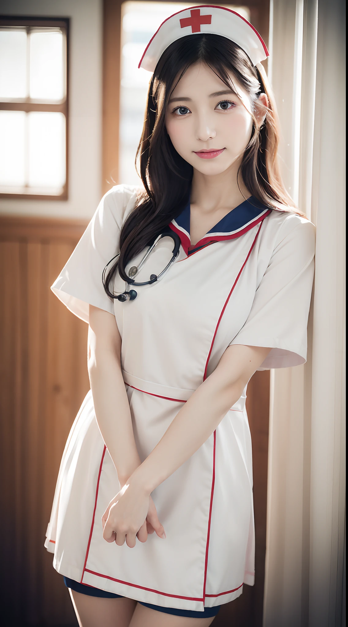 (8K, Raw photography, top-quality, masterpiece: 1.2), masterpiece, Super Detail, 超A high resolution, (Realistic and realistic photos: 1.37), high-definition RAW color photography, extremely delicate and beautiful, ighly detailed, 8K Wallpaper, astonishing, detaileds, extremely detailed eye, highlydetailed skin, extremely detailed fingers, highly detailed nose, highly detail mouth, perfect anatomia,1girl in, Blurry, Blurry background, Blurred foreground, blush, Colossal tits, depth of fields, eyebrows visible through hair, hair between eye, inside hospital, Solo, (Colossal tits:1.3)、乃木坂アイドル、韓国アイドル、hposing Gravure Idol、女優、25-years old、tall、(((nurse's uniform:1.3)))、((Nurse in uniform:1.2))、Black thigh stockings、Valley