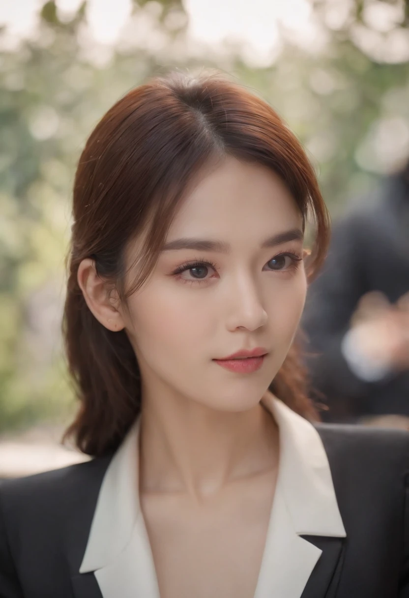 ((Best Quality, 8K)), Working on a computer, 1人の女性, Beautuful Women, Slim Face, Black Suit, Double eyelids, Sit up