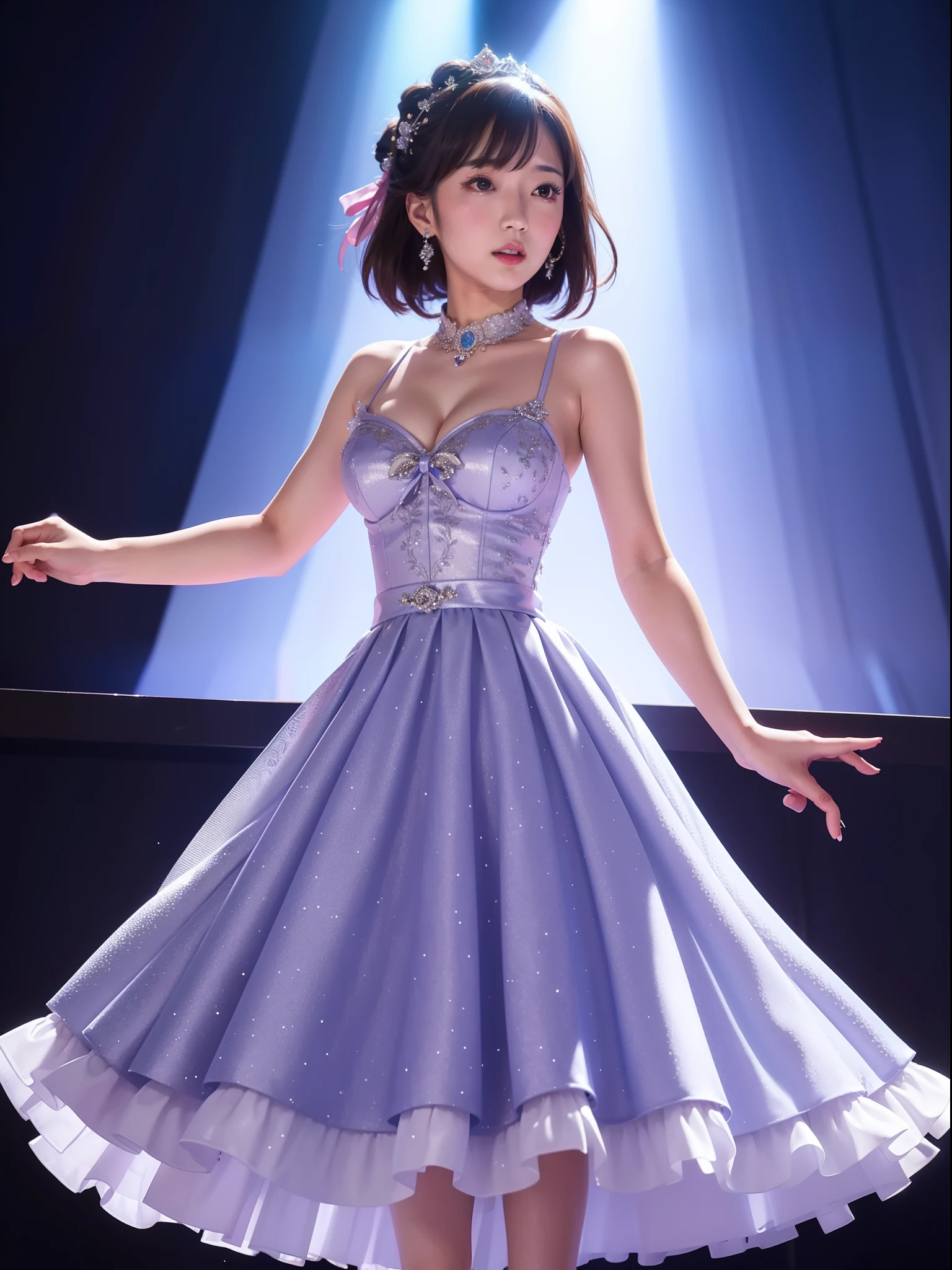 yuriko nanao (million live), 1 girl, Best Quality, Ultra-detailed, 8K, masutepiece, High resolution, Portrait, idol costume, Princess Line Dresses, Beautiful dress, A big ribbon on her chest, brooches, concert, strong lights,