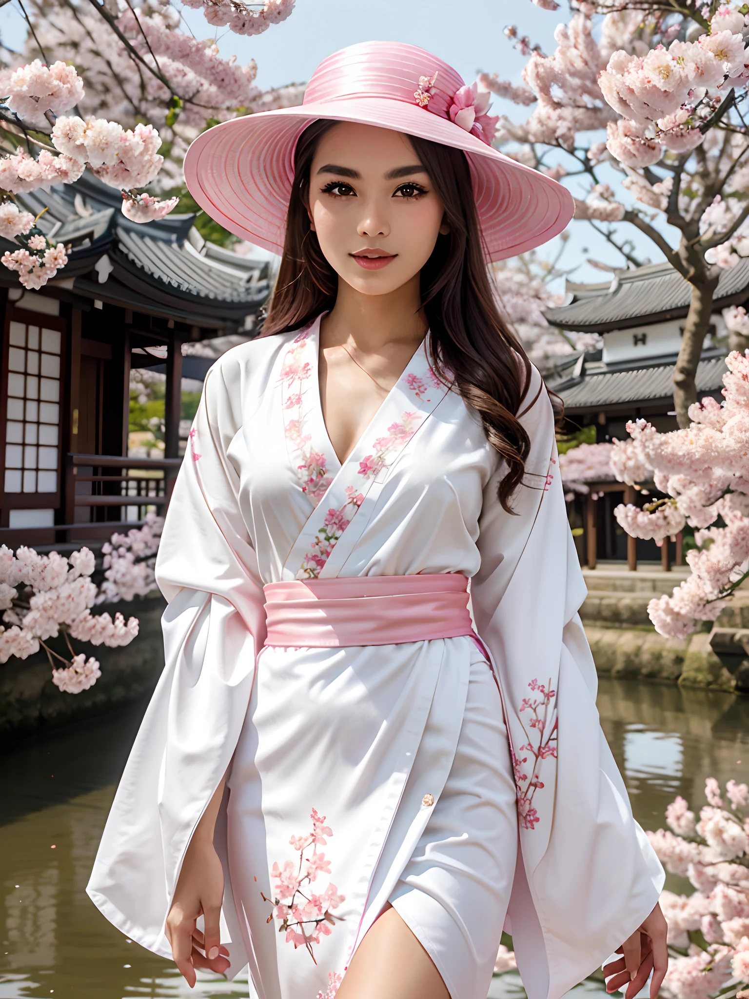 highly detailed, stunning image of the girl is wearing a white kimono with pink trim, jeweled metal bangkok hat, backdrop of cherry blossoms, japanese background, bright colors, ornate, symmetrical,