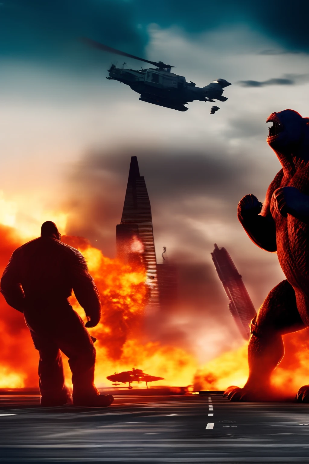 two Godzillas are fighting ,In a city,There are small fighters in the air,There are many vehicular pedestrians on the ground