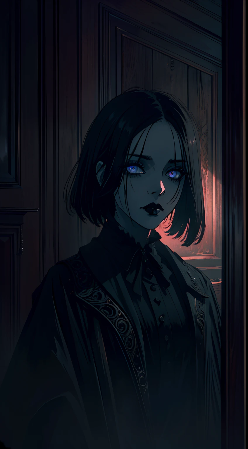 (best quality,ultra-detailed,highres,masterpiece:1.2),dark atmosphere,gothic,stunning black lips, detailed eyes,beautiful dark-skinned girl, abandoned wooden house interior, eerie silence, mysterious shadows, haunting ambiance, gloomy lighting, decaying walls, dusty furniture, creepy atmosphere, black lipstick, intricate details, gothic vibes