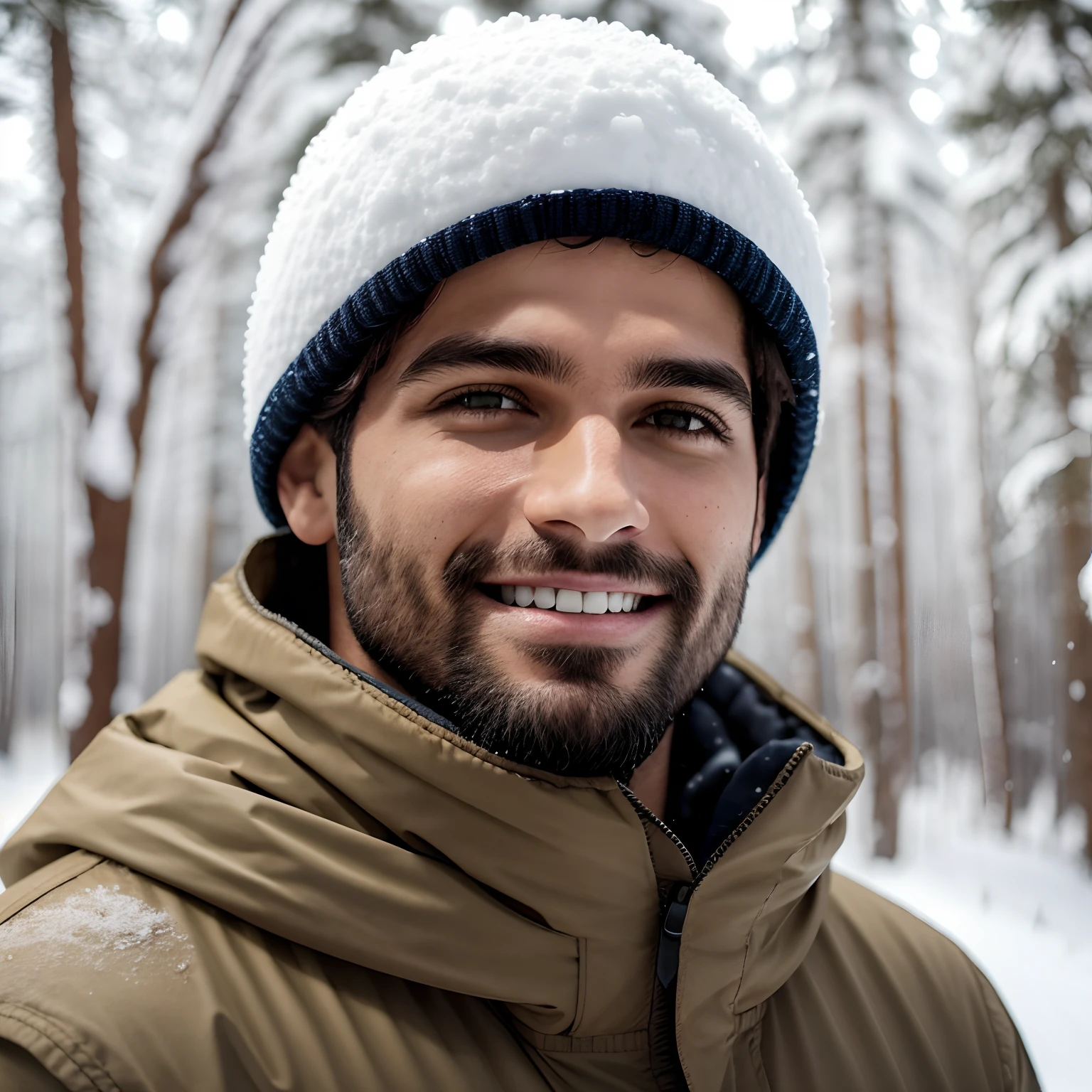 Homem alto, gordo, com muitos pelos corporais. Cabelo curto, liso com topete. Usa casaco para neve, botas de neve e carrega uma espingarda amarada nas costas. Rosto bem definido, quadrado e com furo no queixo. Skin with tired expression marks. Sorriso com dentes a mostra. Local montanhoso e com neve. little vegetation.