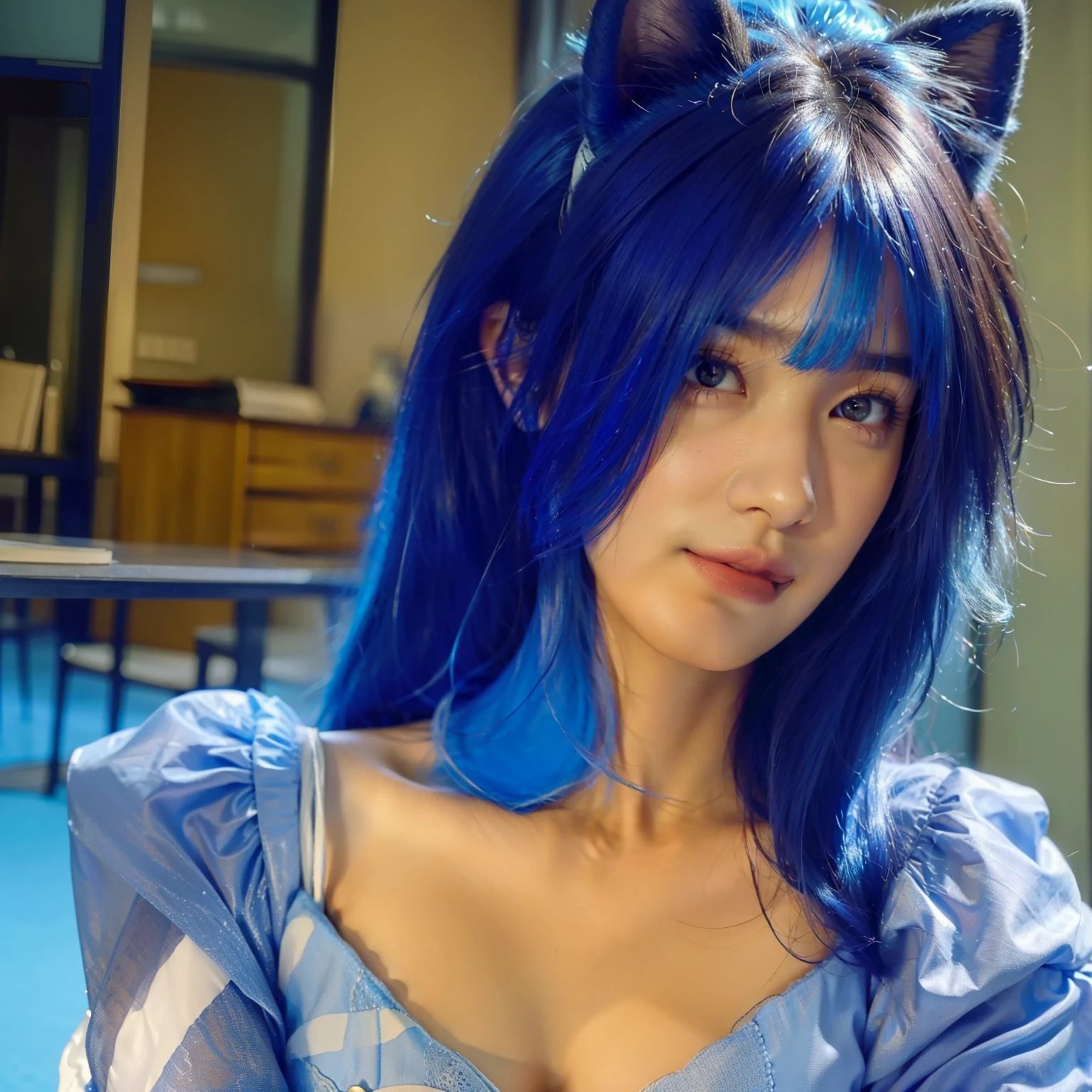 best quality, ultra high res,(photo realistic:1.4), 1girl,  blue hair, Cinematic, very beautiful,kawaii, (professional lighting), (portrait:0.6), gorgeous, (1girl eyes looking at viewer:1), masterpiece, intricate, realistic, sharp focus, award-winning photograph, (Smile:1),  (((cleavage))), 35mm lens, f/ 1. 8, slim body, narrow waist,  lustrous skin, show Clavicle, perfect skin, (adult face:1.2), 8k, cleavage, upper body, close up of face shot, wearing a maid outfit, , maid costume, cat ears