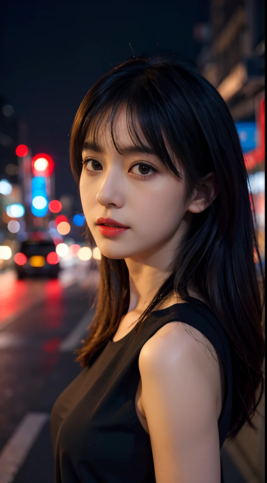 1girl, Tokyo street,night, cityscape,city lights, upper body,close-up, 8k, RAW photo, best quality, masterpiece,realistic, photo-realistic,