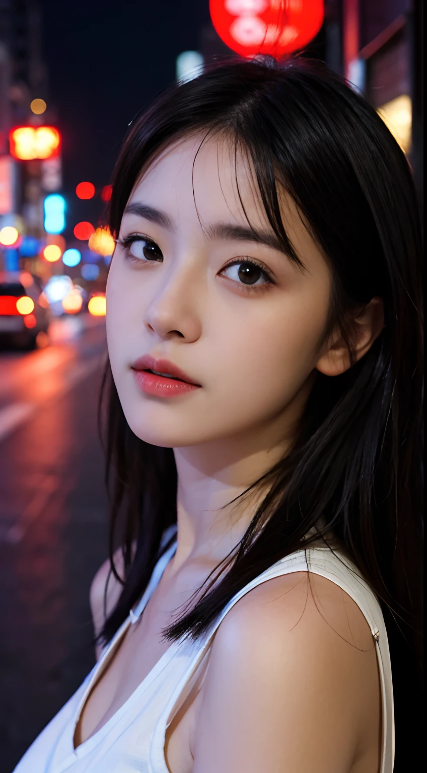 1girl, Tokyo street,night, cityscape,city lights, upper body,close-up, 8k, RAW photo, best quality, masterpiece,realistic, photo-realistic,