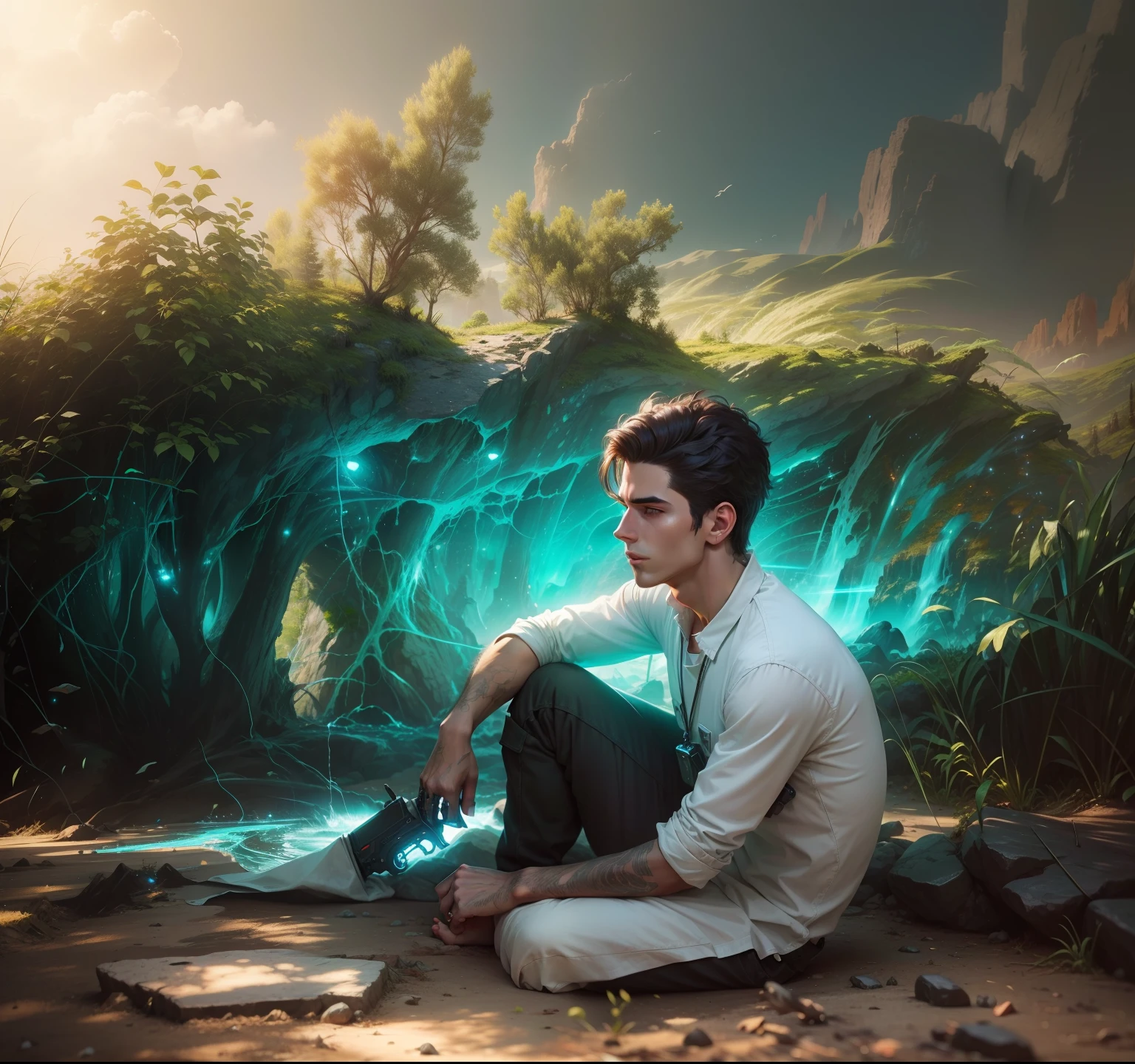 Sci-Fi landscape fantasy realistic face cool boy