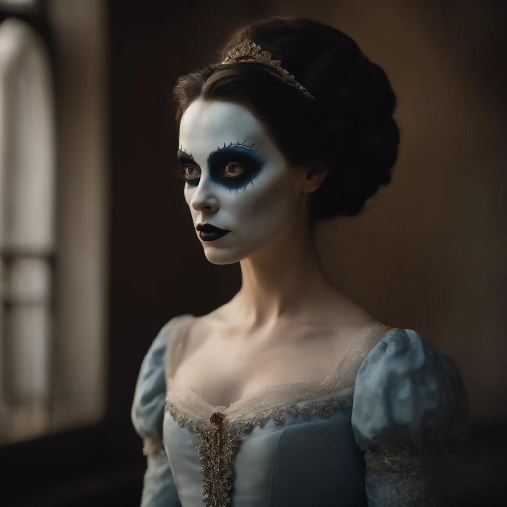 Kristen Stwart parece, cabelo azul escuro profundo, cabelos longos, olhos vermelhos, sentado em um muro, holding a mask close to your face, Taking off a mask, sentada numa parede cerca, laranja, boneca. vestido de renda branco, No estilo de Adrian Ghenie, esao andrews, Jenny Saville, Eduardo Hopper, Surrealismo, Arte Sombria de James Jean, Takato Yamamoto, Minimalismo inkpunk. No estilo de Tim Burton. Addams Family Style. Corpse Bride Style.