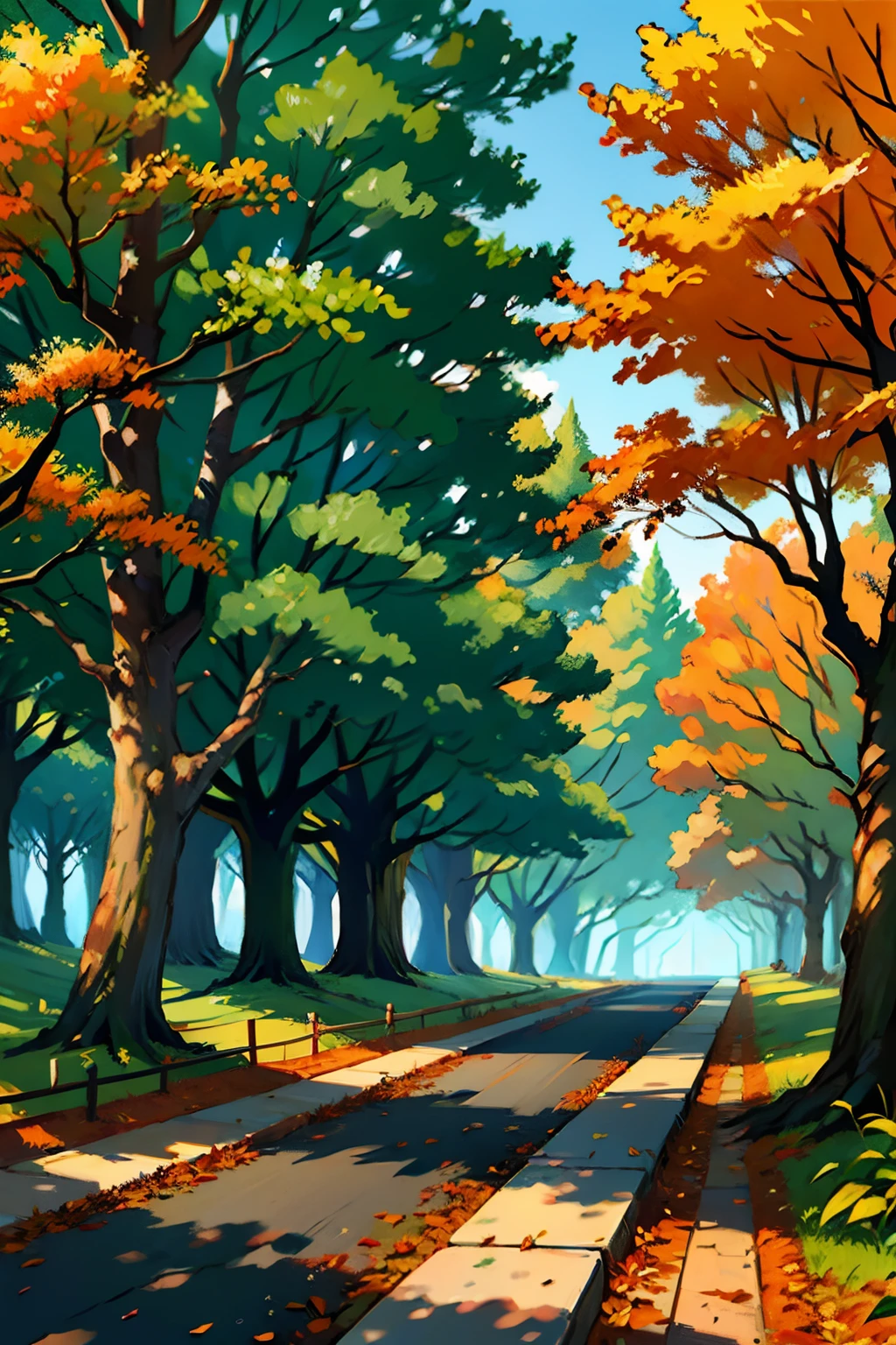 A painting of an autumn landscape, green trees and autumn trees, fallen trees blocking the way, afternoon light.