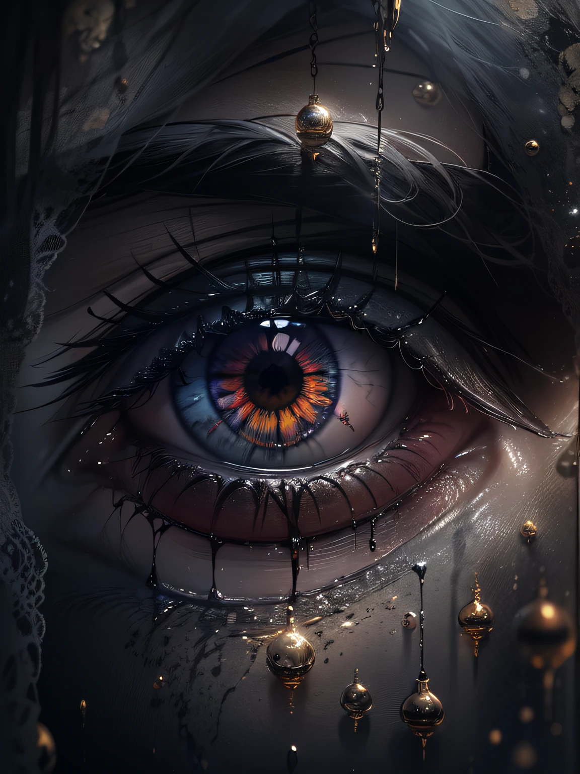 Woman's eye robot style close up very close reflecting the sun cyber image crying tears blood