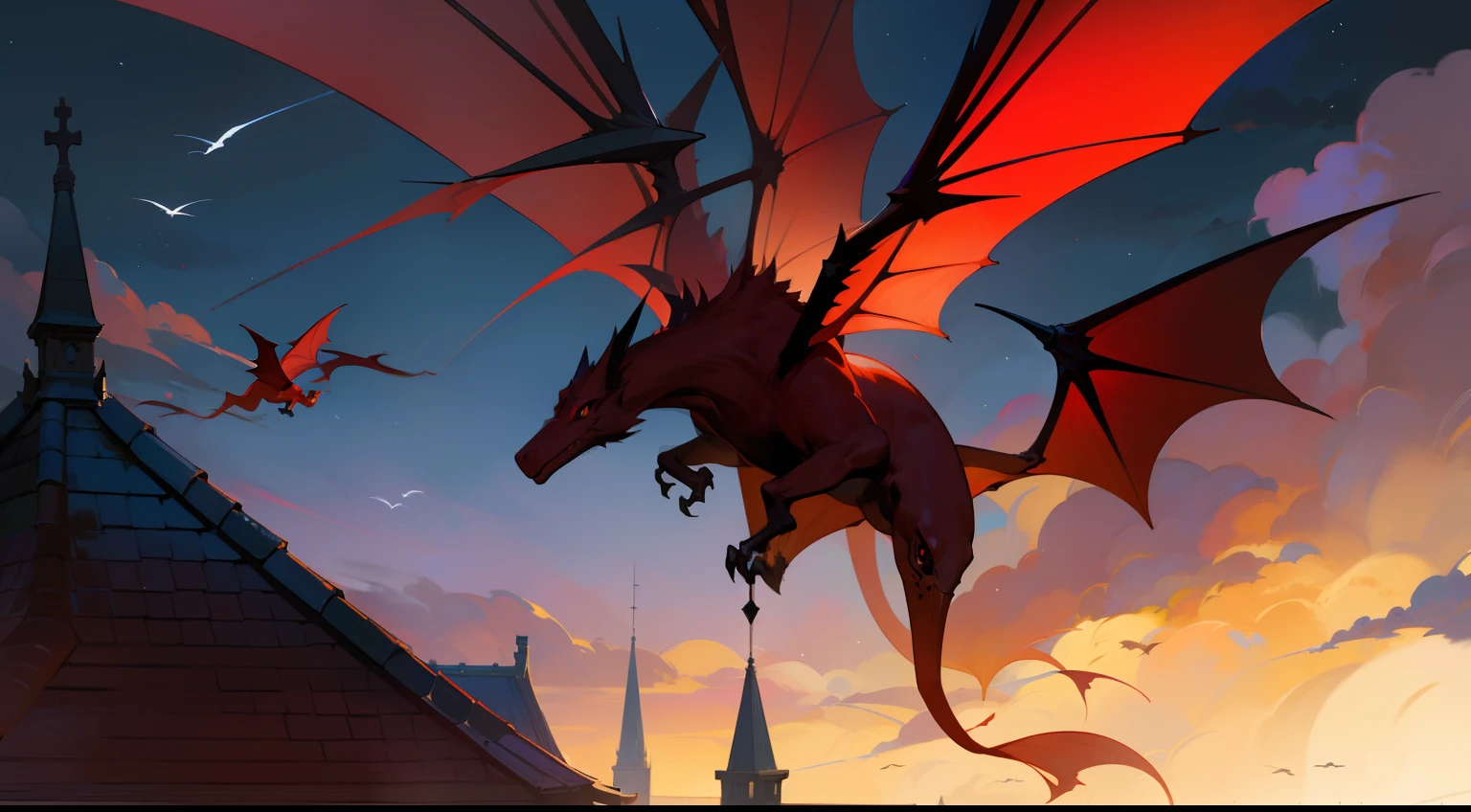 Red Wyvern，adolable，long necks，Fly to the roof of the bell tower，the night，early evening，Western fantasy，Fairytales，Works of masters，A high resolution