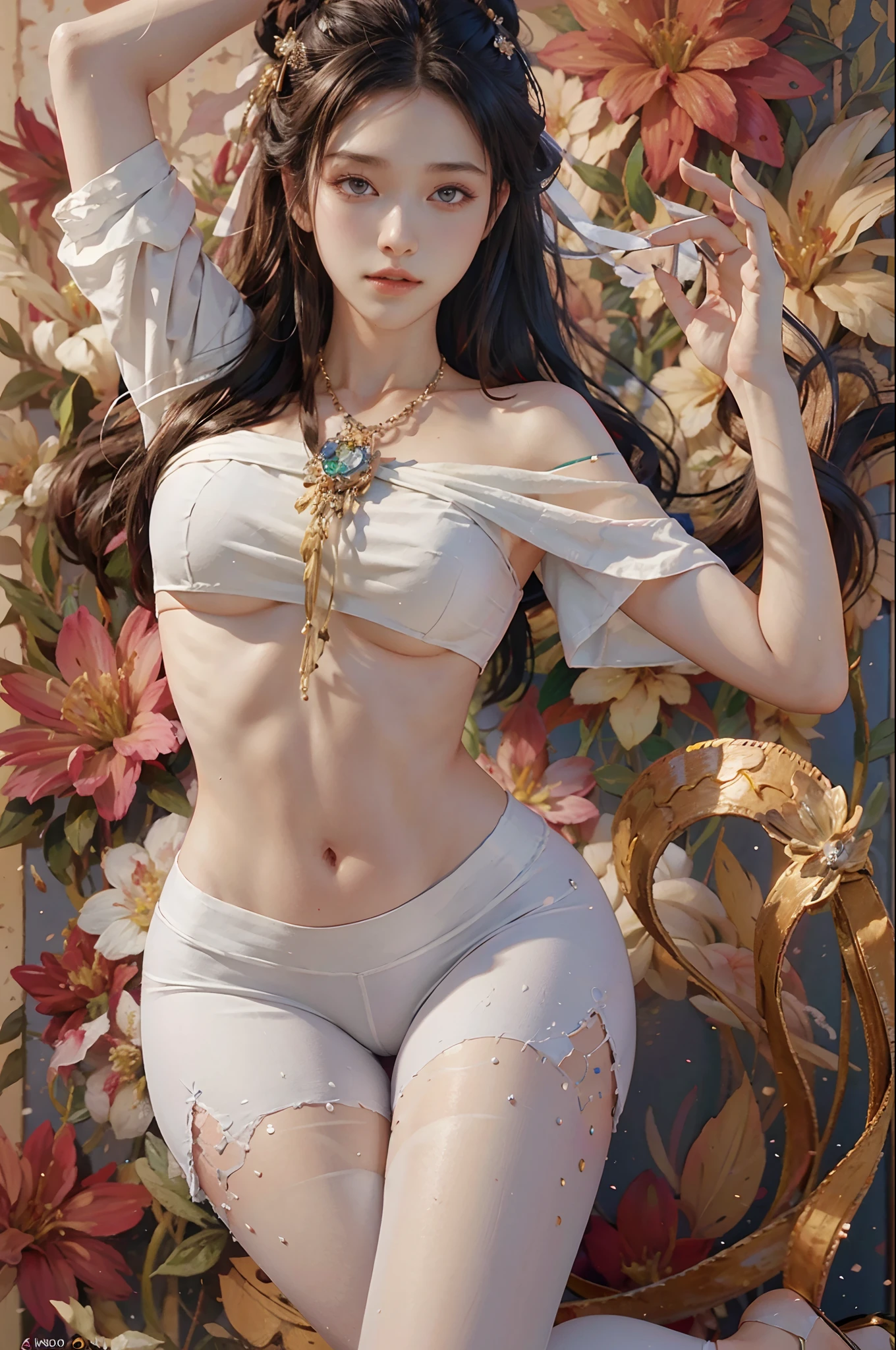 (Hyperrealistic), (illustration), (high resolution), (8K), (Extremely detailed), (Best Illustration), (Beautiful detailed eyes), (Best quality), (Super detailed), (Masterpiece), (the wallpaper), (Detailed face), Solo, (Dynamic pose), 1girll, White off-the-shoulder shirt paired with sexy super short yoga pants, Bare shoulders, blooming flower field, Glowing skin, Light smile, camel-toe, (), (No bra)