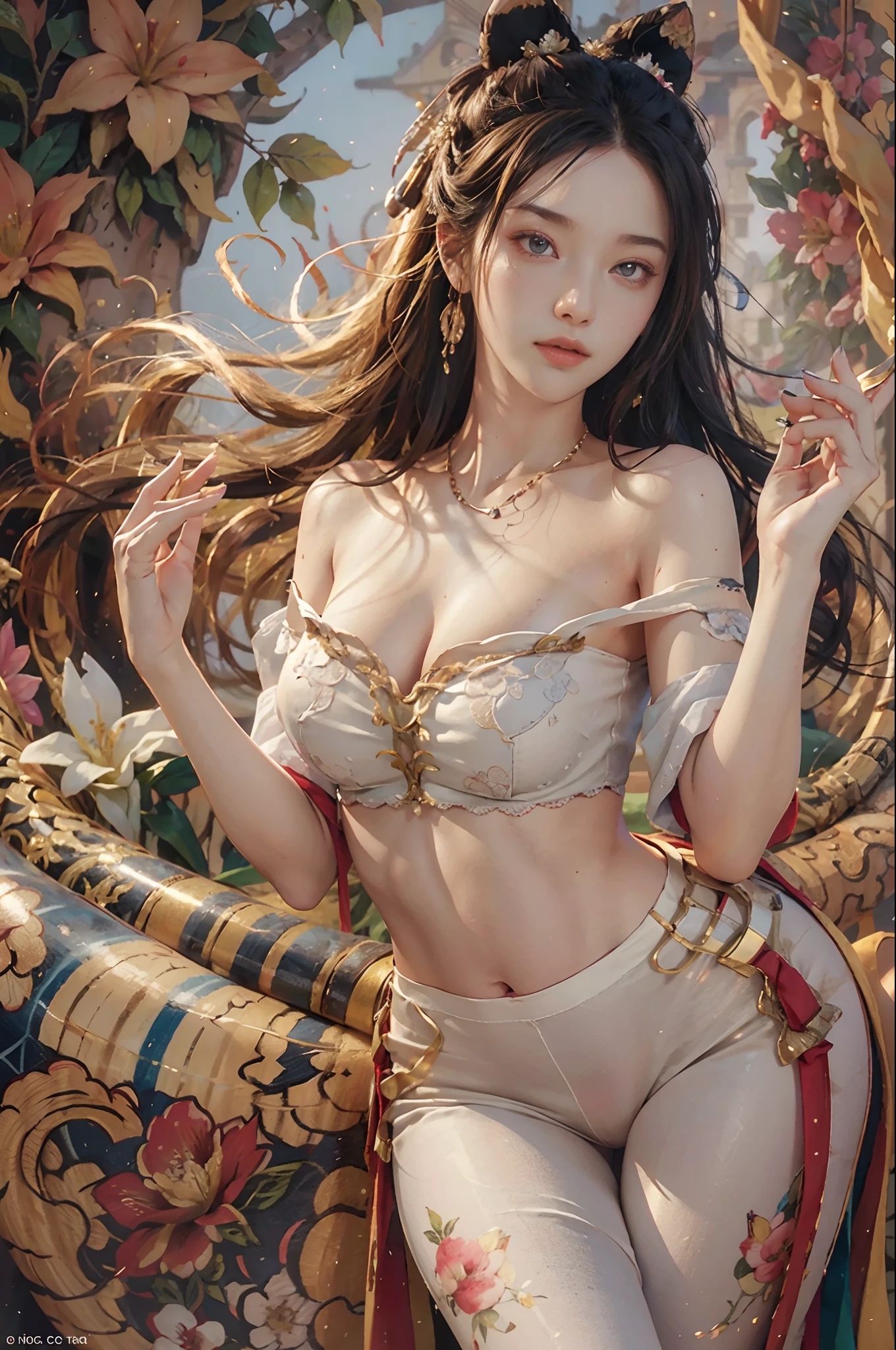 (Hyperrealistic), (illustration), (high resolution), (8K), (Extremely detailed), (Best Illustration), (Beautiful detailed eyes), (Best quality), (Super detailed), (Masterpiece), (the wallpaper), (Detailed face), Solo, (Dynamic pose), 1girll, White off-the-shoulder shirt paired with sexy super short yoga pants, Bare shoulders, blooming flower field, Glowing skin, Light smile, camel-toe, (), (No bra)