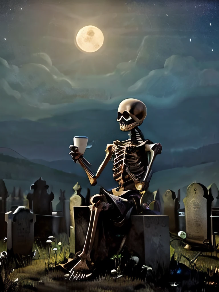 A skeleton sits on a grave in a lonely graveyard surrounded by gravestones. The moon is shining bright in the sky, casting an eerie glow over the scene. The skeleton is holding a steaming cup of coffee in its hand and appears to be lost in thought as he looks at the moon in the sky