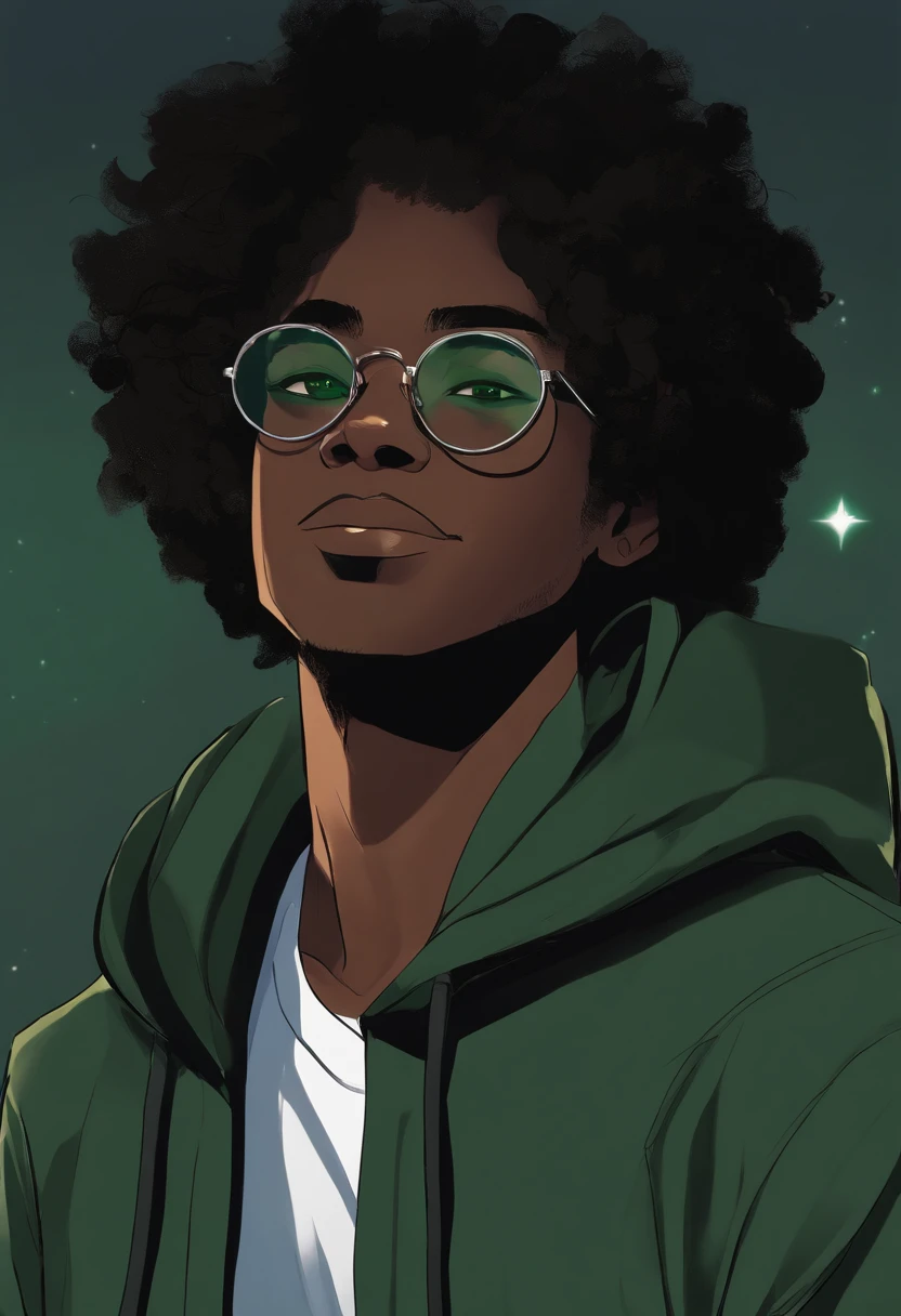 anime image of a dark skin male with glasses wearing a dark green shirt and white hoodie, character portrait of me, jade green eyes, shaggy hair(black:1.5,), smiling, inspired by Denji from Chainsaw Man, (black:1.5,dark green:1.3, royal blue:1.2)