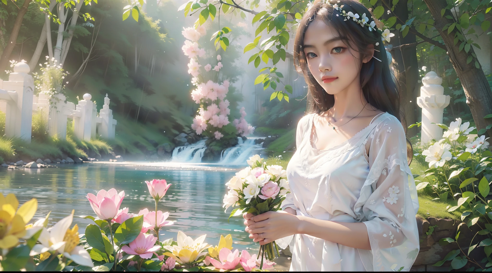 Generate images of beautiful and peaceful gardens, There are colorful flowers, Gentle stream, and the sounds of nature. Show serenity, Living, The beauty of a perfect day.A girl in a white shirt and a long white floral dress，Stand in the garden，With a garland