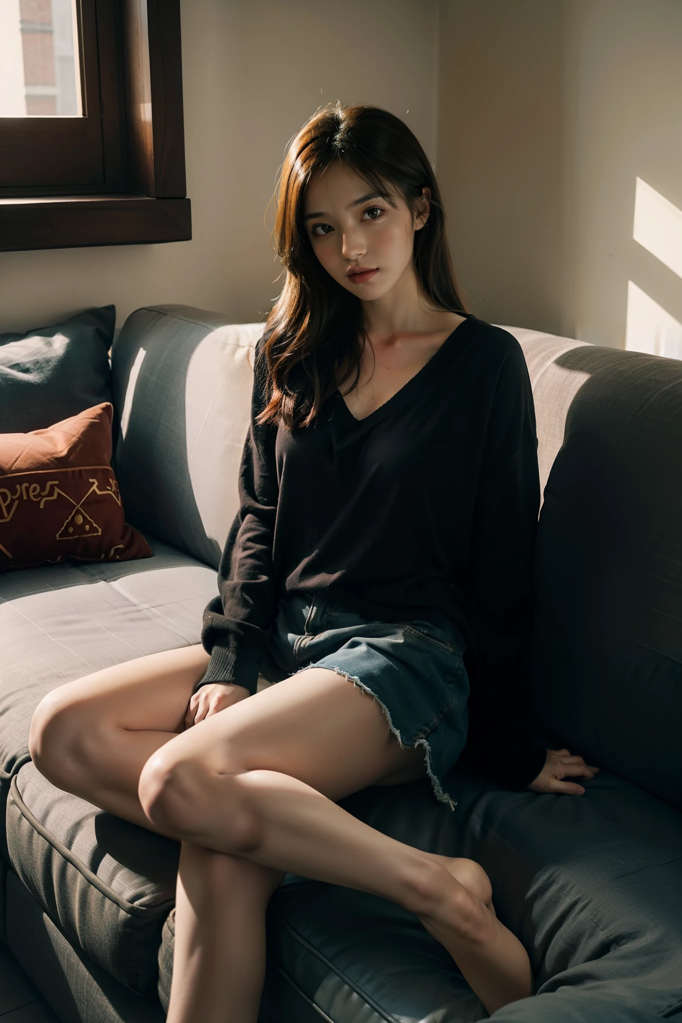 1girll,Sit on a comfortable sofa,Cross ed leg,Soft light