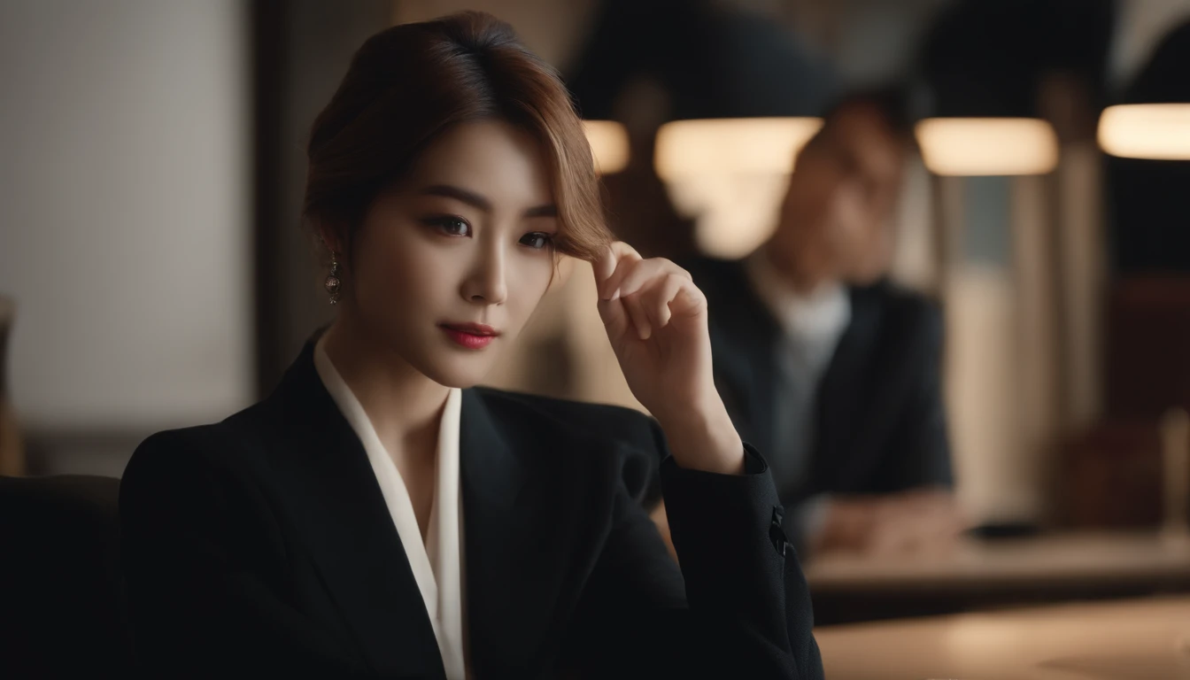 ((Best Quality, 8K)), Working on a computer, Detailed eyes, Detailed face, 1人の女性, Beautuful Women, assist々Kiki, Slim Face, Black Suit, Double eyelids, Sit up