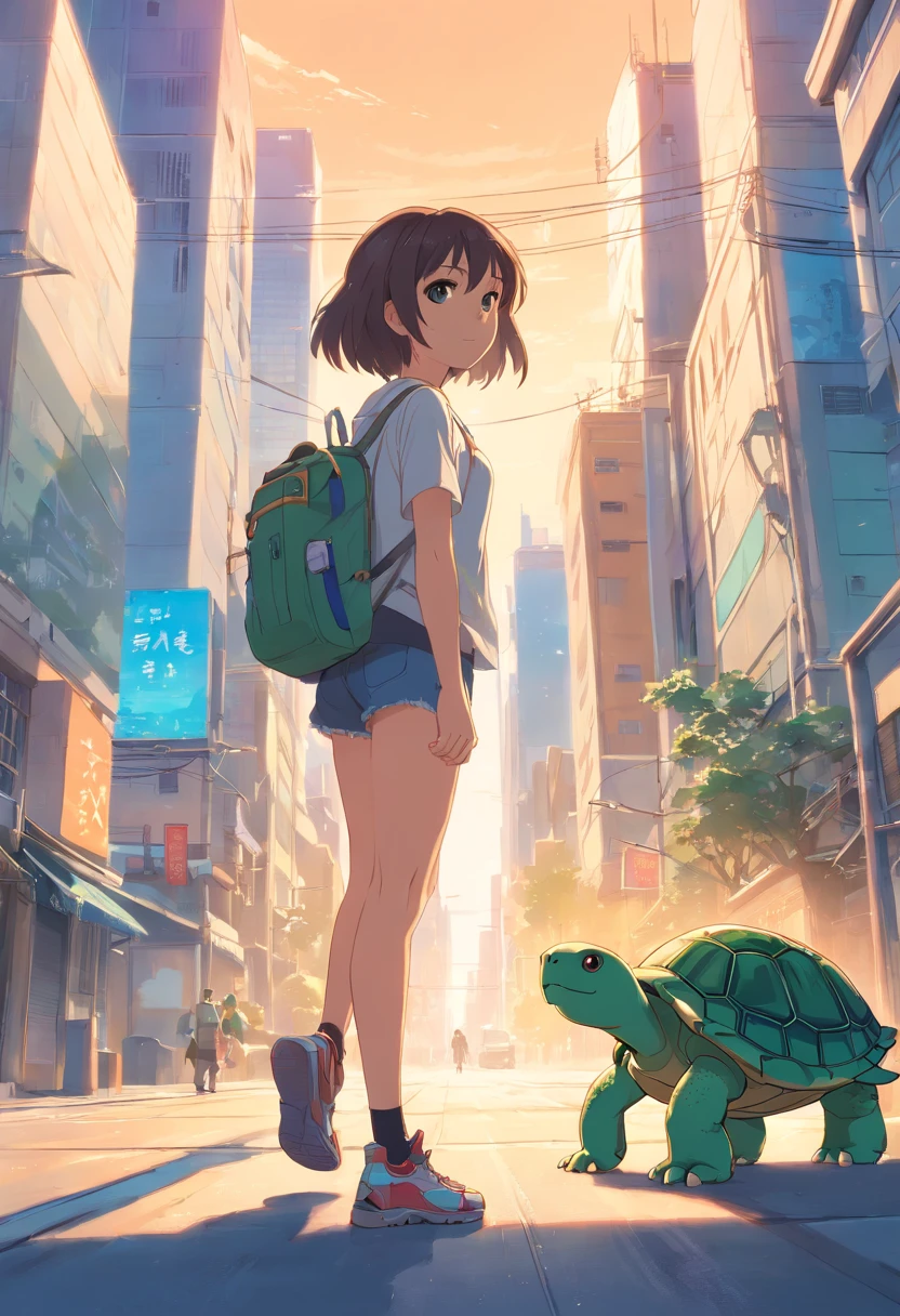 ((foto crua)), ((obra-prima)), Anthropomorphic humanoid turtle wearing streetwear clothes, andando entre as pessoas, detalhe intrincado, intricate Greebles pieces, city behind, corpo musculoso, muscular arms, small head, Ogro monstruoso, Titan, wearing a house instead of shell,