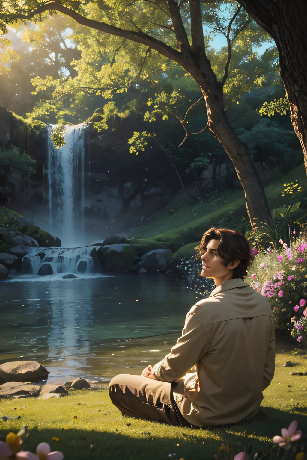 "Gerar uma imagem ultrarrealista de um homem com o rosto no perfil, sitting under a majestic tree in the middle of a stunning garden filled with a tumult of colorful flowers. Ele deve ter um sorriso sereno e gentil em seu rosto. Weak sunlight filters through the leaves above the head, casting a warm and inviting glow. Capture the essence of serenity and natural beauty in this scene, ensure that every detail is faithfully rendered to achieve a level of realism that makes the viewer feel as if they can step into the image."