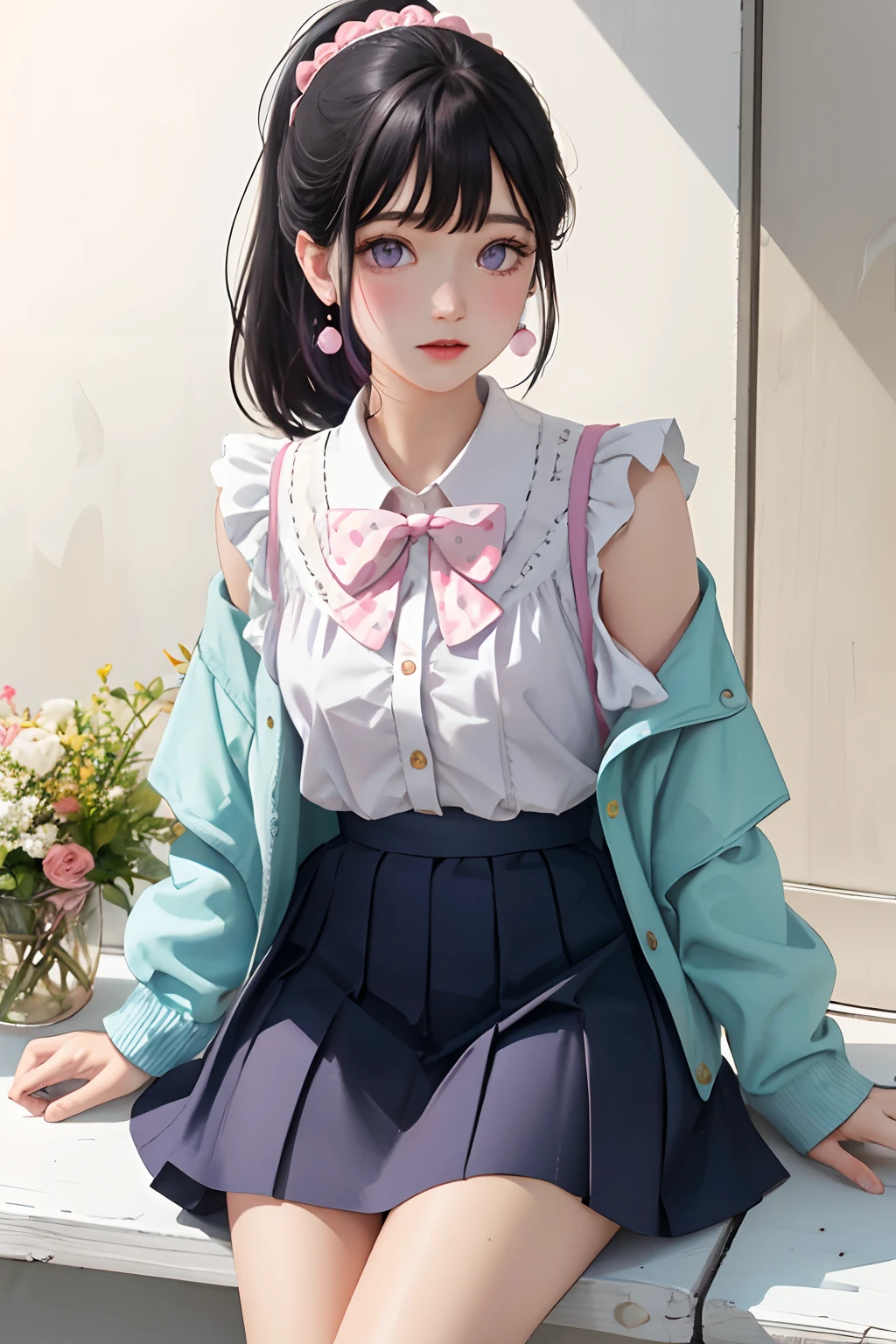 masterpiece, best quality, "Picnic Angel meets Candy Girl" Add candy colors to your refreshing picnic style to make it even more cute. The top is a white frilled blouse with a light blue cardigan. For the skirt, pair it with a pink tulle skirt with polka dots for a cute look. For your feet, pair white loafers with polka-dot socks for a vintage look. For accessories, a hair band and earrings with candy motifs add sweetness. Wear a ponytail and add fluffy curls to accentuate your cuteness., with blush cheeks, official art, {{ultra-detailed}}, {{high resolution}}, dynamic fuzziness, colorful, cowboy shot, underwear,Blunt Bangs, purple eyes, long dark blue hair