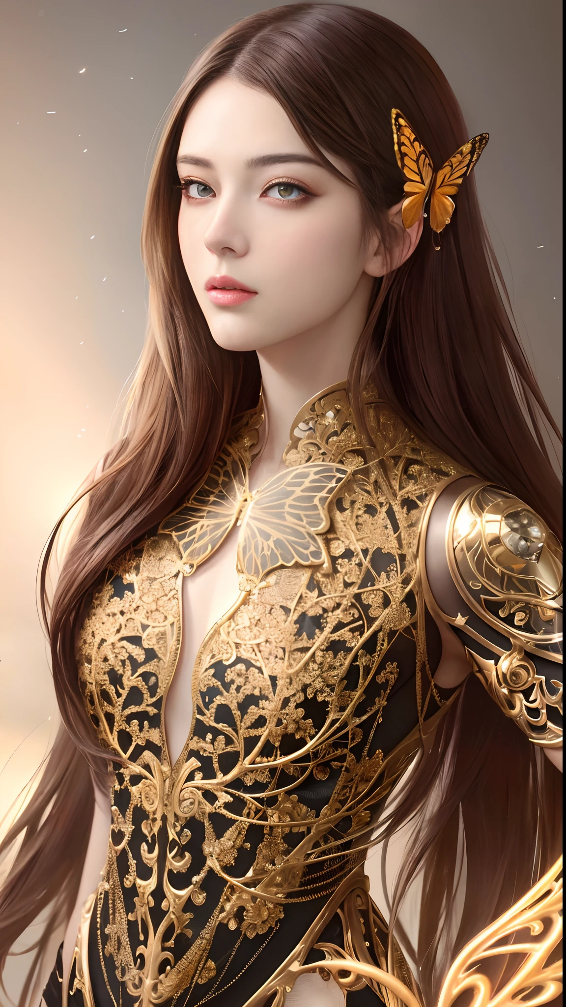 8k portrait of beautiful cyborg with brown hair, intricate, elegant, highly detailed, majestic, digital photography, art by artgerm and ruan jia and greg rutkowski surreal painting gold butterfly filigree, broken glass, (masterpiece, sidelighting, finely detailed beautiful eyes: 1.2), hdr,