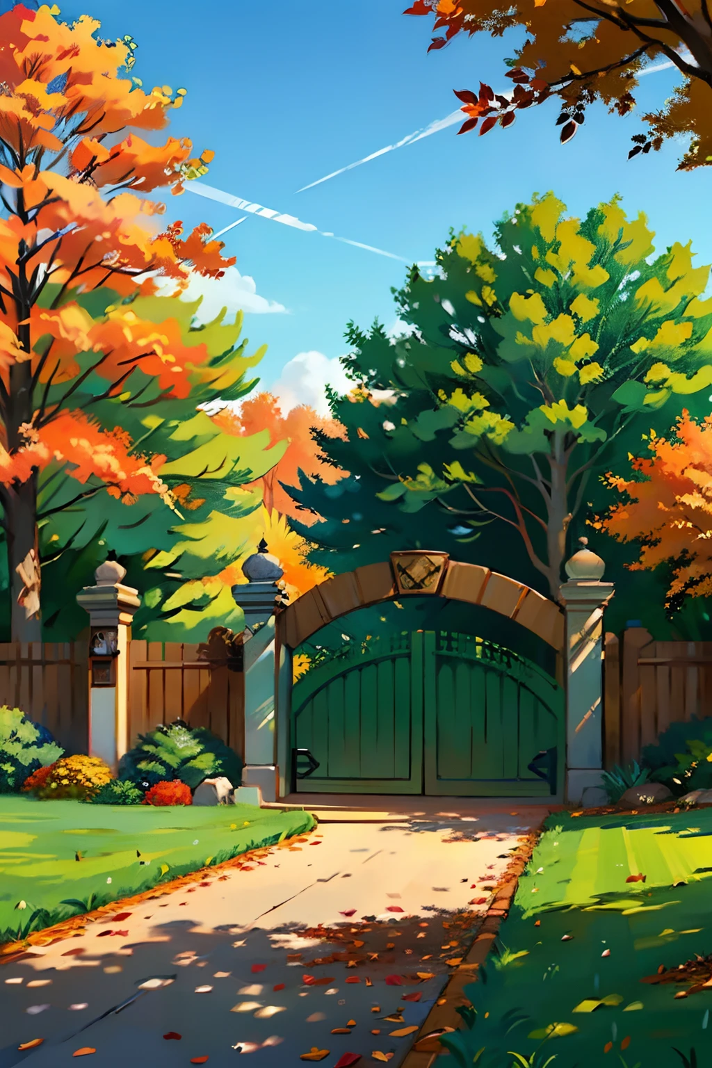 A painting of an autumn landscape, green trees and autumn trees, a fence with a gate that is closed, afternoon light.