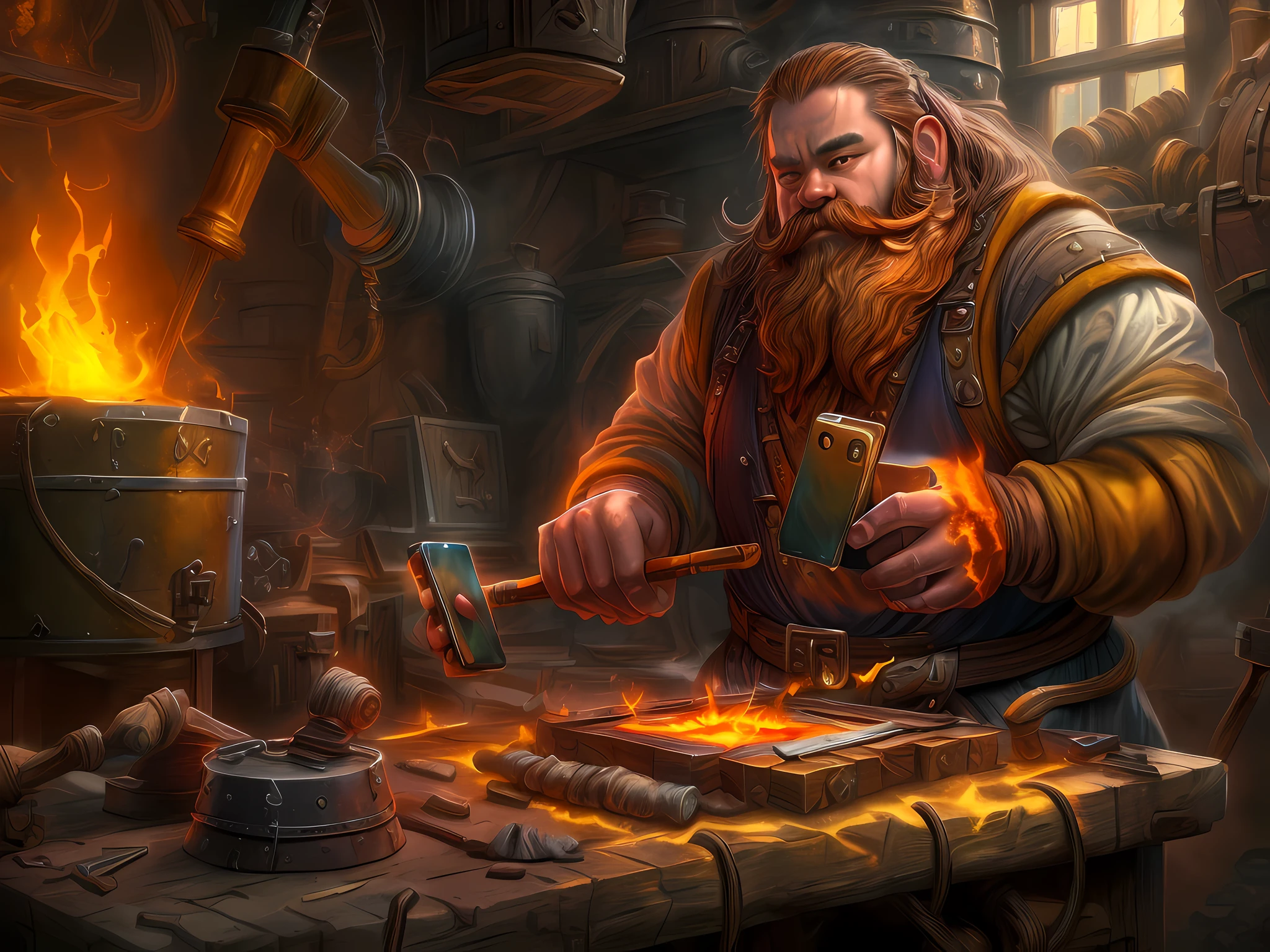high details, best quality, 16k, RAW, [best detailed], masterpiece, best quality, (extremely detailed), full body, ultra wide shot, photorealistic, fantasy art, RPG art, a picture of a dwarf working at his forge making a (((smartphone: 1.5))) fantasy male dwarf (intense details, Masterpiece, best quality), brown hair, dynamic eyes color, ultra detailed face (intense details, Masterpiece, best quality), long beard, brown beard, muscular arms, wearing smith apron, holding a hammer in hand, hammer has yellow magical runes, shining GlowingRunes_yello yellowe runes (intense details, Masterpiece, best quality), working the forge making a (smartphone: 1.5) (intense details, Masterpiece, best quality), dwarven smithy and fiery forge background, fiery red and yellow and orange shadow and light of a fiery orange (intense details, Masterpiece, best quality), High Detail, Ultra High Quality, High Resolution, 16K Resolution, Ultra HD Pictures, Ultra Realistic, Clear Details, Realistic Detail, Ultra High Definition