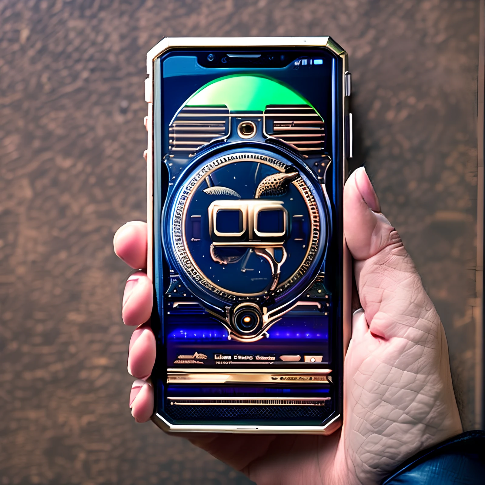 a hand holding a new alien steampunk smartphone. who dis? ((joviantech)). mockup. brand new OS [ios,android], cinematic lighting, majestic view. HoldingMonsterEnergy