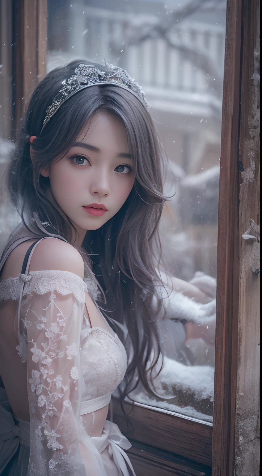 （8K， RAW photos， best qualtiy， tmasterpiece：1.2），（realisticlying， photograph realistic：1.4)，Hide your face with sadness，
Lolita costume，Lace， Aerith Gainsborough， The upper part of the body， undergarments，exposed bare shoulders， do lado de fora， (outside，Covered with snow，cloaks，) high high quality， Adobe Lightroom， highdetailskin， looking at viewert，