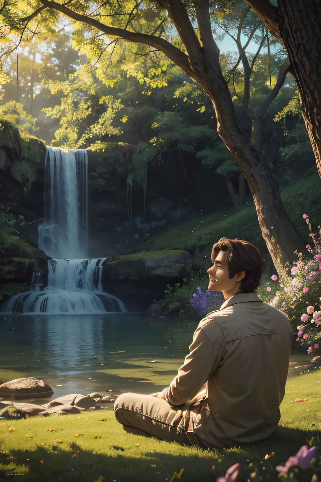 "Gerar uma imagem ultrarrealista de um homem com o rosto no perfil, sitting under a majestic tree in the middle of a stunning garden filled with a tumult of colorful flowers. Ele deve ter um sorriso sereno e gentil em seu rosto. Weak sunlight filters through the leaves above the head, casting a warm and inviting glow. Capture the essence of serenity and natural beauty in this scene, ensure that every detail is faithfully rendered to achieve a level of realism that makes the viewer feel as if they can step into the image."