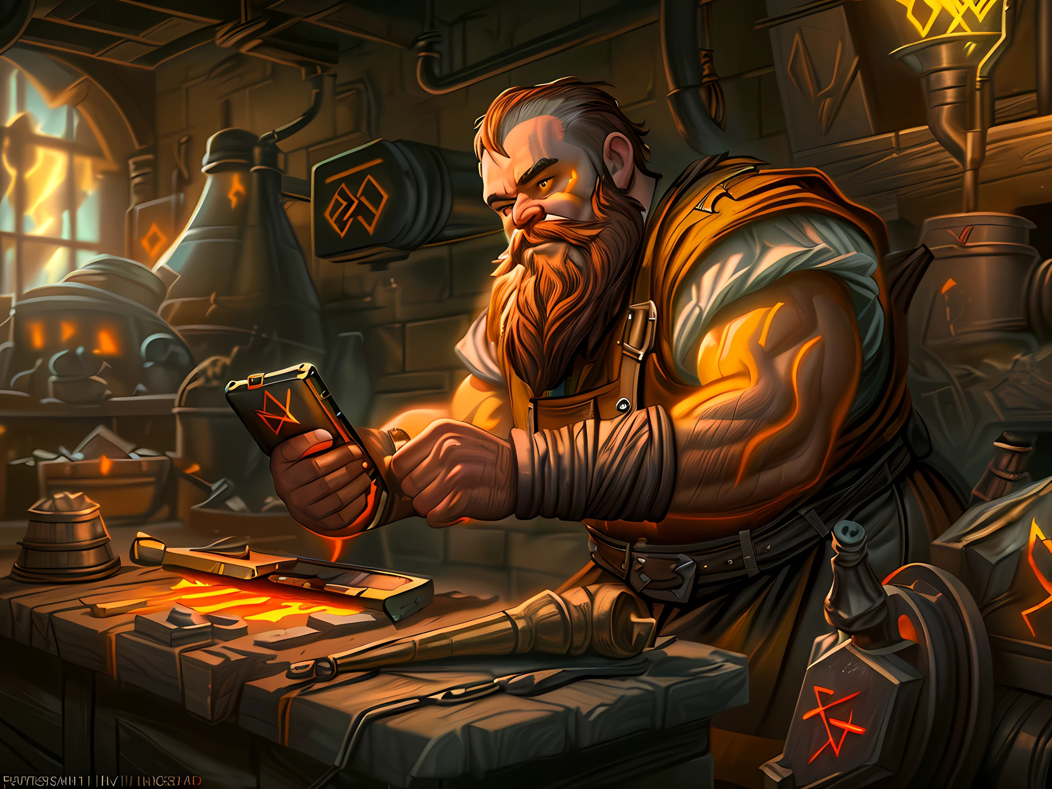 high details, best quality, 16k, RAW, [best detailed], masterpiece, best quality, (extremely detailed), full body, ultra wide shot, photorealistic, fantasy art, RPG art, a picture of a dwarf working at his forge making a (((smartphone:1.5))) fantasy male dwarf (intense details, Masterpiece, best quality), brown hair, dynamic eyes color, ultra detailed face (intense details, Masterpiece, best quality), long beard, brown beard, muscular arms, wearing smith apron, holding a hammer in hand, hammer has yellow magical runes, shining GlowingRunes_yello yellowe runes (intense details, Masterpiece, best quality), working the forge making a (smartphone:1.5) (intense details, Masterpiece, best quality), fiery forge (intense details, Masterpiece, best quality), crafting magical metalic sword, dwarven smithy and fiery forge background, fiery red and yellow and orange shadow and light of a fiery orange (intense details, Masterpiece, best quality), High Detail, Ultra High Quality, High Resolution, 16K Resolution, Ultra HD Pictures, Ultra Realistic, Clear Details, Realistic Detail, Ultra High Definition