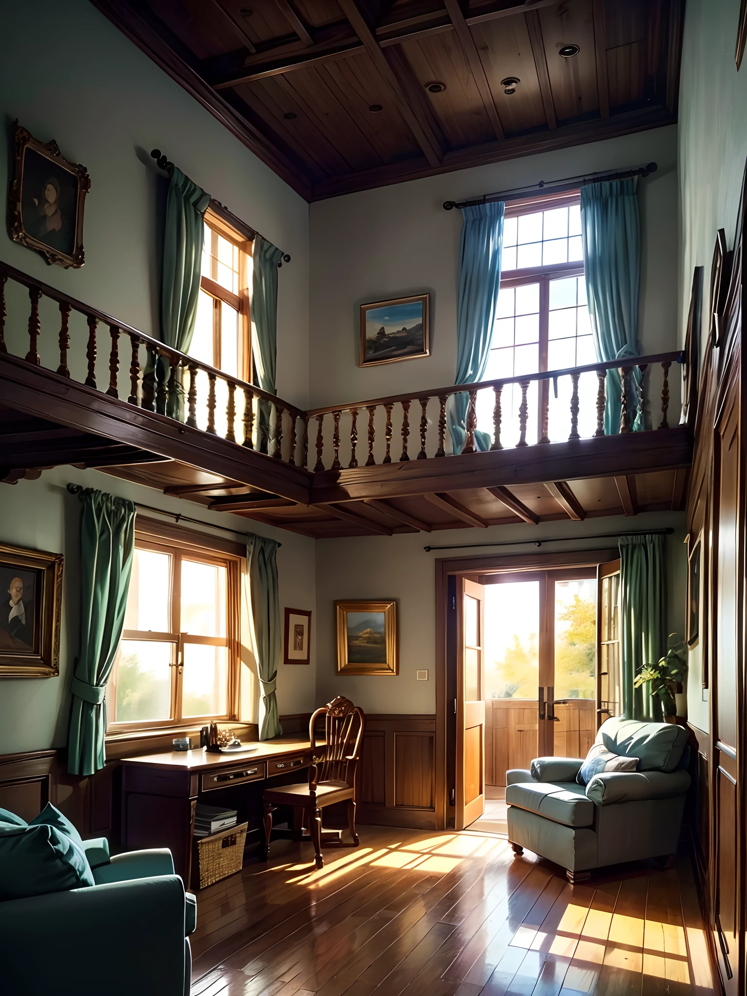 quaint cottage interior atmosphere, serene evening atmosphere, cinematic lighting, cinematic composition, daylight