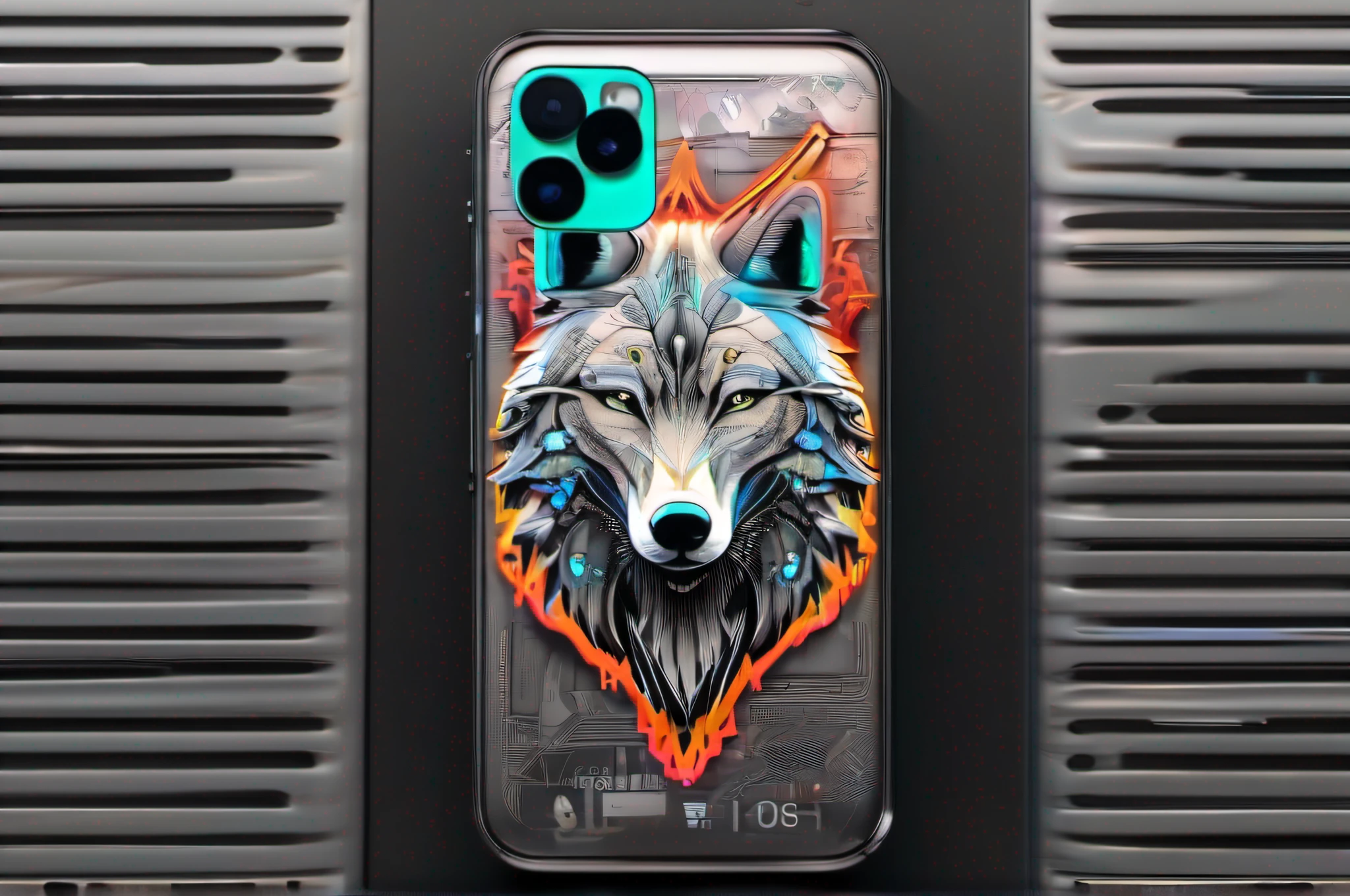3d graffiti, infographic wolf, black metal smartphone of back print design, insane details, intricate detailed texture, perfection, photo realistic, holographic rendering, absurd resolution,