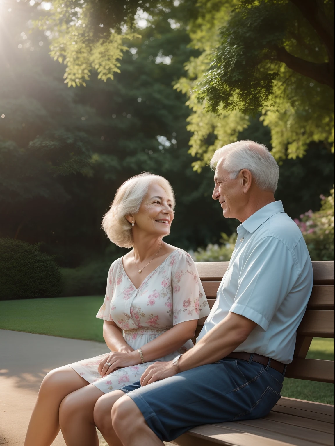 A personal portrait of a very beautiful and romantic old couple sitting on a wooden bench in a lush park on a beautiful sunny day. Captured with a Sony α7 III camera and a 85mm lens at F 1.2 aperture, the background is blurred to isolate the subject. The park is filled with vibrant greenery and colorful flowers and natural sun Lighting, providing a natural and peaceful atmosphere. Dreamy sunny lighting creates a soft and warm glow that gently illuminates the subject's features, enhancing their natural, romantic and peaceful beauty. The image is shot in a photorealism mode to deliver an ultra-realistic image that truly captures the subject's unique personality.