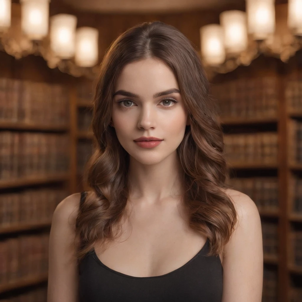 Uma menina italiana de 20 anos, gengibre amarrou o cabelo, Olhos bonitos, e um rosto perfeito, renderizado em um estilo fotorrealista com bordas afiadas e uma atmosfera vibrante, Standing inside a dark library with a top tank shirt, Front view, pose fofa, Big Lips,