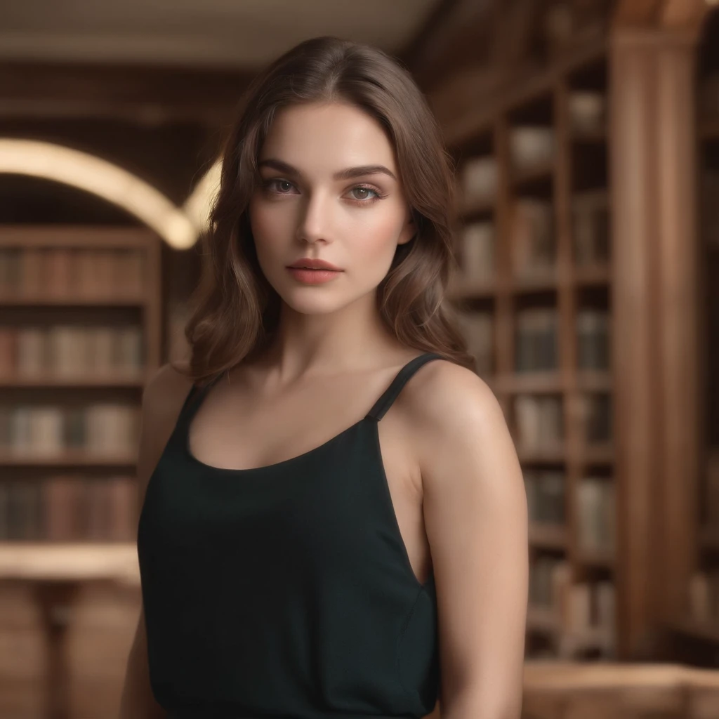 Uma menina italiana de 20 anos, gengibre amarrou o cabelo, Olhos bonitos, e um rosto perfeito, renderizado em um estilo fotorrealista com bordas afiadas e uma atmosfera vibrante, Standing inside a dark library with a top tank shirt, Front view, pose fofa, Big Lips,