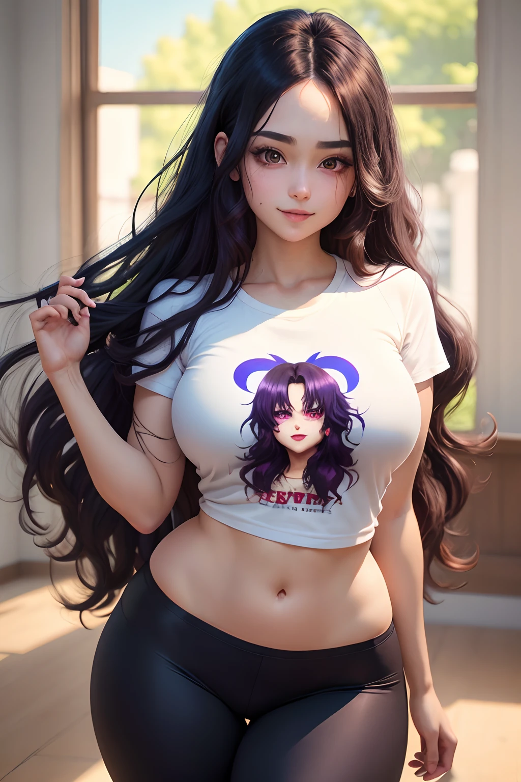 anime, vampire, girl, long hair, fluffy loose curly hair, dark hair color, stylish hairstyle, symmetrical hair, hair does not cover face, curvy body, sexy girl, purple eyes, beautiful girl, t-shirt, yoga pants, sexy face, smile, amused facial expressions, clarity, detailed, detailed face, very detailed drawing, perfect composition, soft natural volumetric cinematic perfect light, masterpiece