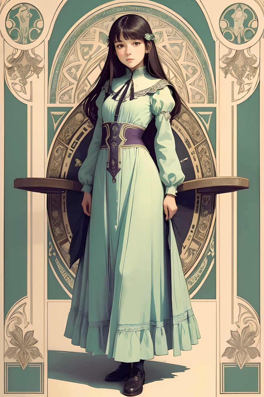 a beautiful -agedl，standing on your feet，Wearing a long gauze dress，There were pigeons flying around，Behind him is a green device board，Surrounded by decorative picture frames，Mucha style，style de carte de tarot，line art，Flat style。