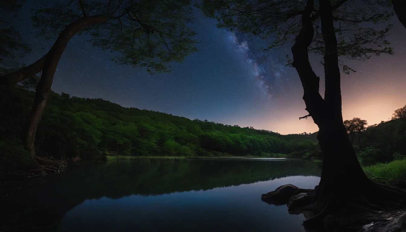 There is a stream flowing in the forest.、Looking up and the tree々You can see the starry sky from between。The water is clean。The big full moon is also shining。