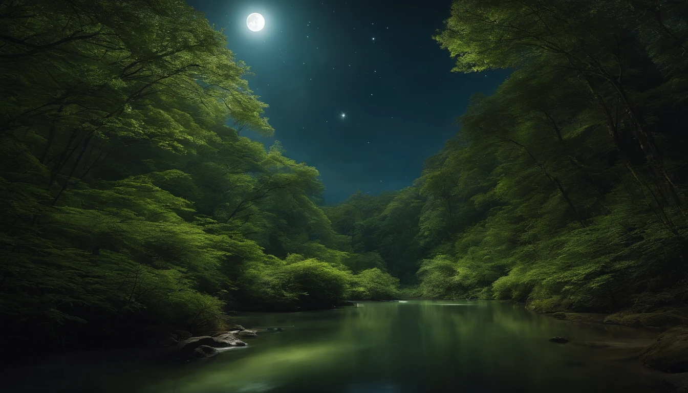 A view of a river with a full moon in the sky - SeaArt AI