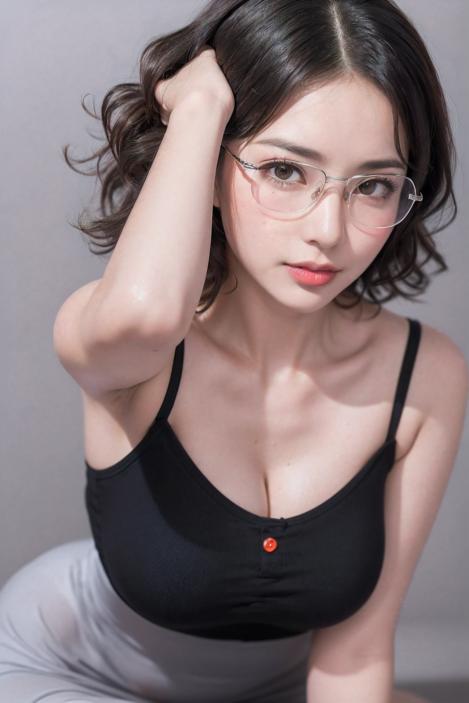 (((1curly short hair girl:1.3, solo))), a extremely close up face image of extremely pretty and beautiful Japanese woman wearing a glasses, (((Symmetry:1.5, centered image:1.5))), (1 with an emphasized enchanting cleavage: Composition of 1), (extremely close up face image:1.5), (sexy model), professional attire, (22 years old: 1.1), (from below:1.3), (low angle:1.3), (kneeling:1.5), ((girl on top:1.5)), ((arms up:1.3)), (arms behind back on head:1.3), (attractive random posing:1.3), break, (curly short hair:1.3), (shiny-black thin hair:1.2), (wavy messy hair:1.3), (curly inside:1.3), bangs, wind, floating hair, dark brown eyes, beautiful eyes, princess eyes, bangs, Hair between eyes, short hair:1.3, curby, abs, perfect abs, (gigantic-breasts:1.5, sagging breasts:1.5, disproportionate breasts:1.5), (thin waist: 1.15, abs:0.95), (detailed beautiful girl: 1.4), Parted lips, Red lips, full-make-up face, (shiny skin), ((Perfect Female Body)), (Upper Body Image:1.3), Perfect Anatomy, Perfect Proportions, (most beautiful Korean actress face:1.3, extremely cute and beautiful Japanese actress face:1.3, seductive light smile, happy, BREAK, (bare shoulder, Chest squeezed together, View viewer, (chest-bold-open elegant cotton yellow camisole onepiece dress:1.3), detailed clothes, (wearing a glasees:1.3), BREAK, (simple dark-grey background:1.2), (dark background), (Studio soft lighting: 1.3), (fake lights: 1.3), (backlight: 1.3), BREAK, (Realistic, Photorealistic: 1.37), (Masterpiece, Best Quality: 1.2), (Ultra High Resolution: 1.2), (RAW Photo: 1.2), (Sharp Focus: 1.3), (Face Focus: 1.2), (Ultra Detailed CG Unified 8k Wallpaper: 1.2), (Beautiful Skin: 1.2), (pale Skin: 1.3), (Hyper Sharp Focus: 1.5), (Ultra Sharp Focus: 1.5), (Beautiful pretty face: 1.3), (super detailed background, detail background: 1.3), Ultra Realistic Photo, Hyper Sharp Image, Hyper Detail Image,