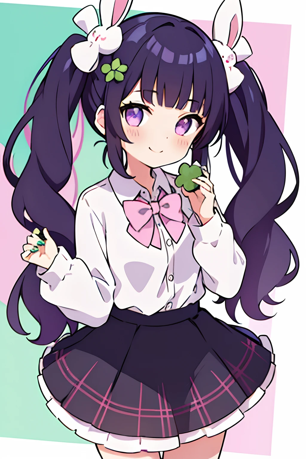 1girl, hair ornament, clover, bow, twintails, smile, stuffed toy, green bow, solo, clover hair ornament, long hair, four-leaf clover, stuffed animal, green nails, hairclip, shirt, skirt, low twintails, doughnut, collared shirt, white shirt, stuffed bunny, plaid, long sleeves, food, bowtie, looking at viewer, pink bow, four-leaf clover hair ornament, hair bow, nail polish, sweater, blush, Blunt Bangs, purple eyes, long dark blue hair