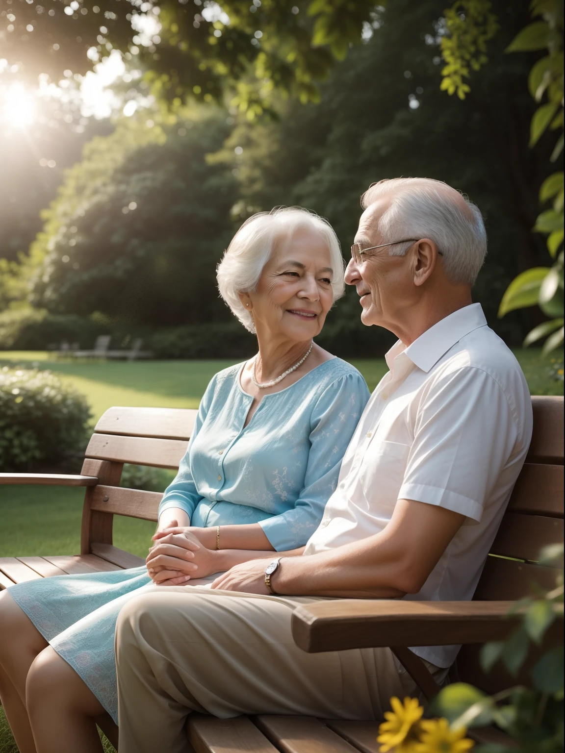 A personal portrait of a very beautiful and romantic old couple sitting on a wooden bench in a lush park on a beautiful sunny day. Captured with a Sony α7 III camera and a 85mm lens at F 1.2 aperture, the background is blurred to isolate the subject. The park is filled with vibrant greenery and colorful flowers and natural sun Lighting, providing a natural and peaceful atmosphere. Dreamy sunny lighting creates a soft and warm glow that gently illuminates the subject's features, enhancing their natural, romantic and peaceful beauty. The image is shot in a photorealism mode to deliver an ultra-realistic image that truly captures the subject's unique personality.