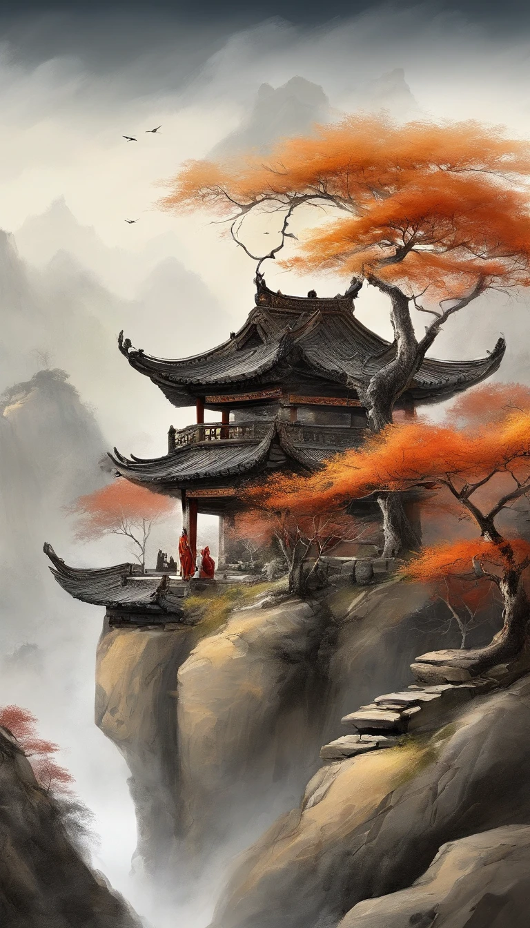 Quaint Han Dynasty style temple，There was an ancient Chinese monk who was sitting and meditating（closeup cleavage），Meditate，zazen，age-old tree，falling leaf，（Chinese landscape painting style），（Pastel ink painting），（8k wallpaper），（light and shadow effect），rendering by octane，White balance design，Extremely detailed picture depiction，wide angles，depth of fields，tmasterpiece，realisticlying，Beautifully depicted，A detailed，acurate，Works of masters，tmasterpiece