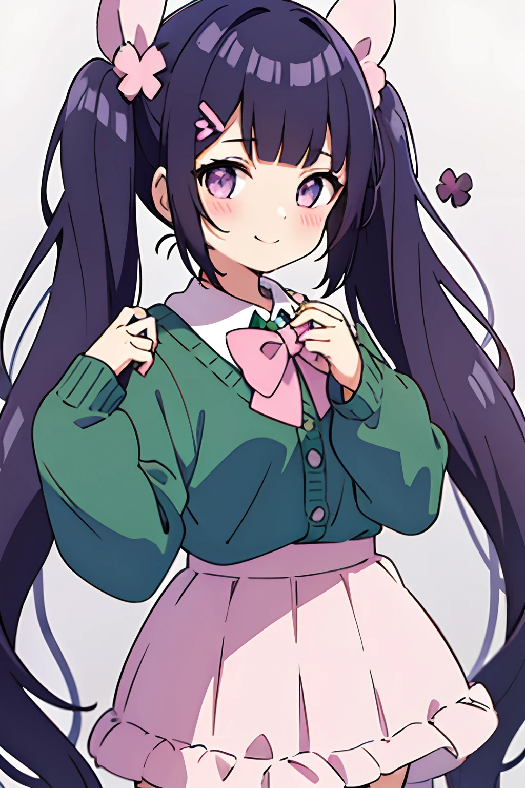 1girl, hair ornament, clover, bow, twintails, smile, stuffed toy, green bow, solo, clover hair ornament, long hair, four-leaf clover, stuffed animal, green nails, hairclip, shirt, skirt, low twintails, doughnut, collared shirt, white shirt, stuffed bunny, plaid, long sleeves, food, bowtie, looking at viewer, pink bow, four-leaf clover hair ornament, hair bow, nail polish, sweater, blush, Blunt Bangs, purple eyes, long dark blue hair